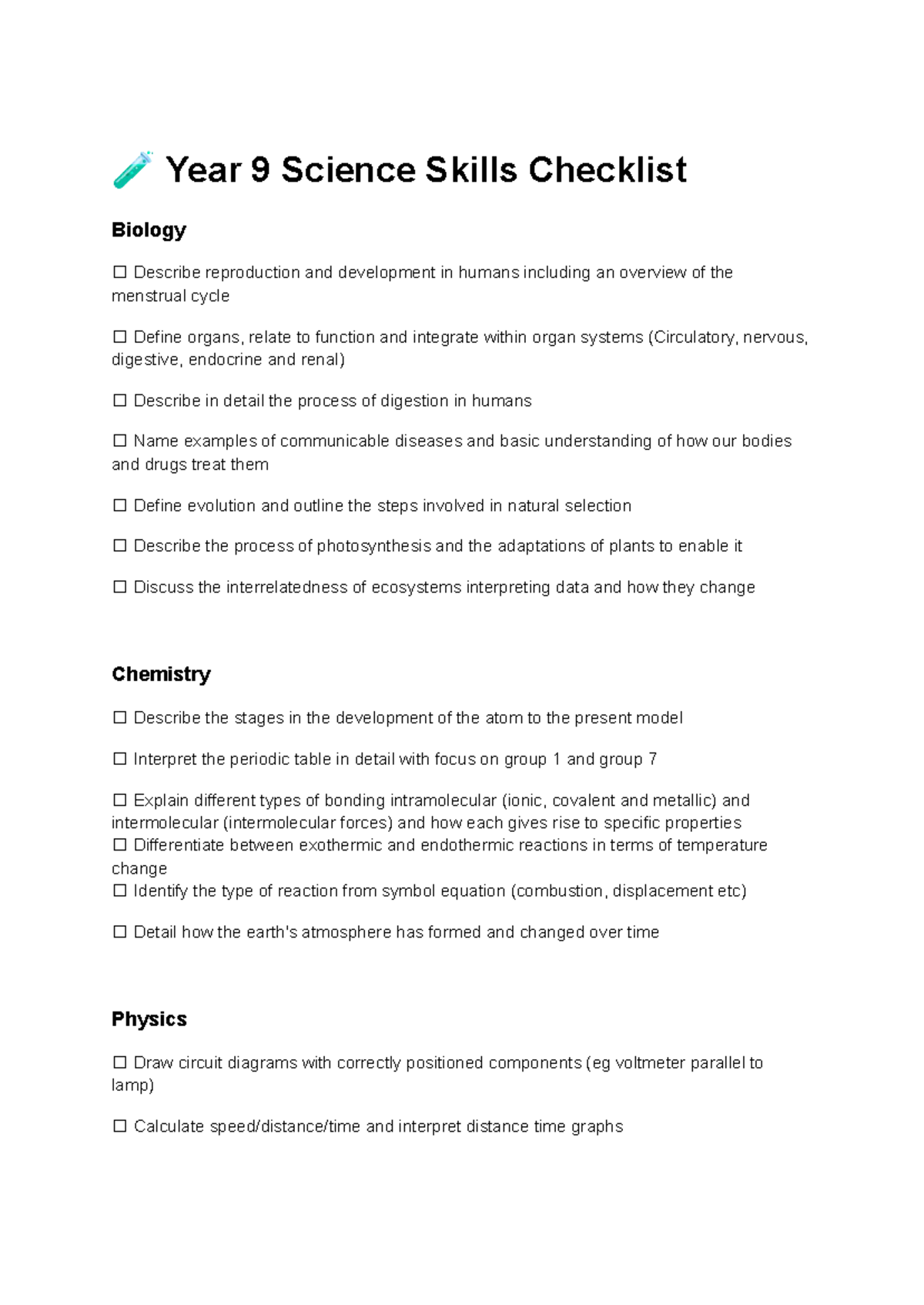 Year 9 Science Skills Checklist: Biology, Chemistry & Physics - Studocu