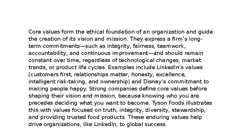 Stratman CH2: Core Values, Vision & Mission Statements Explained - Studocu