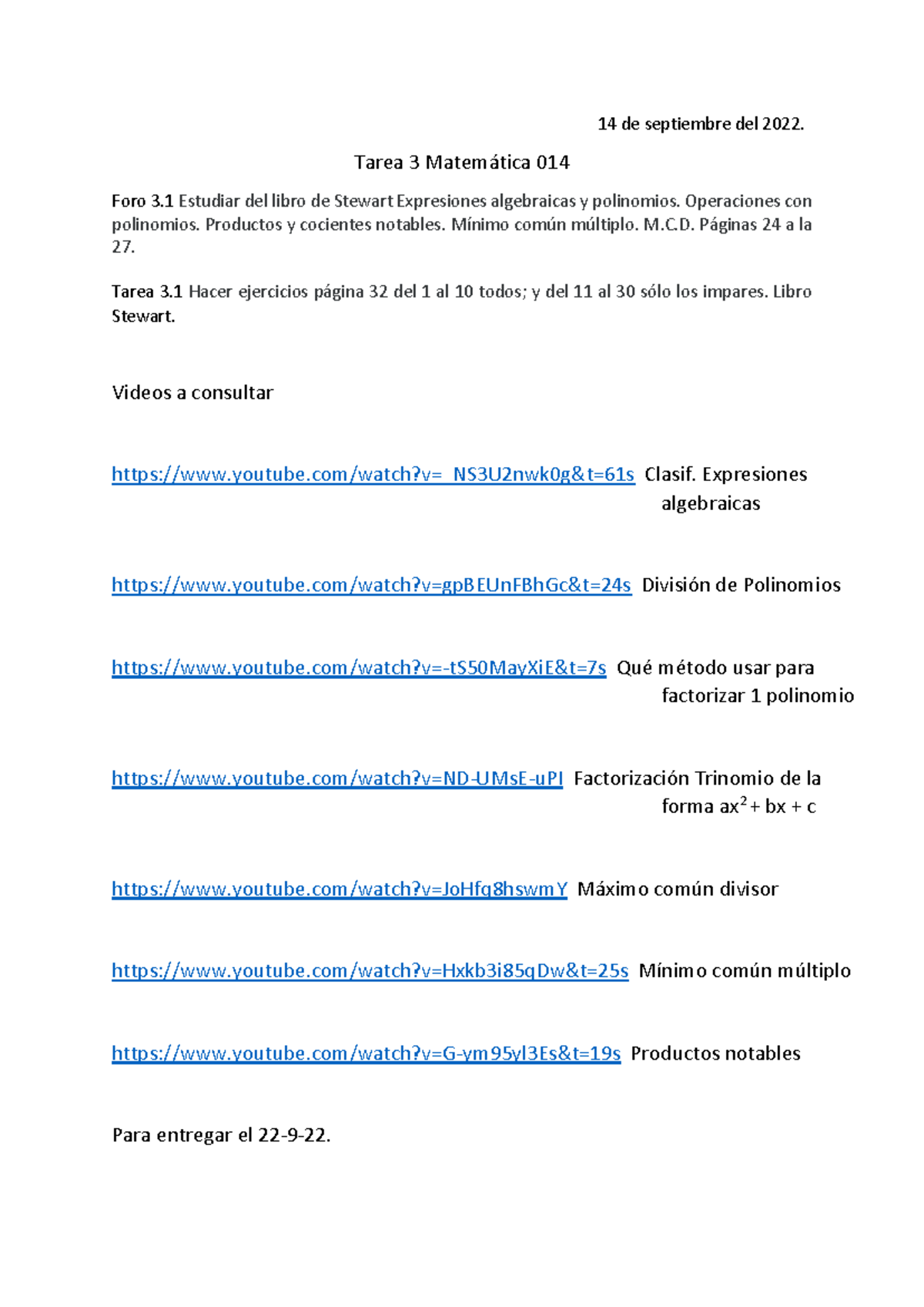 Tarea 3 Mat 014 14-9-22 - 14 de septiembre del 202 2. Tarea 3 ...