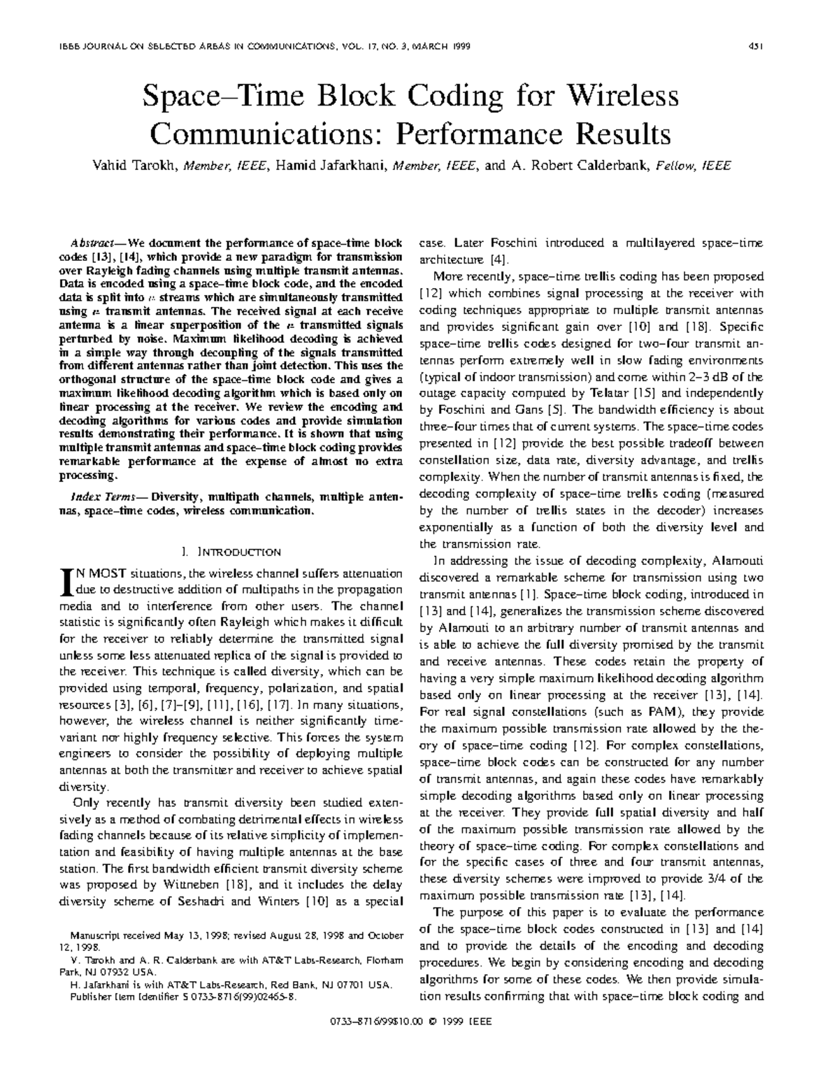 Space-Time Block Coding for Wireless Communication: Performance ...