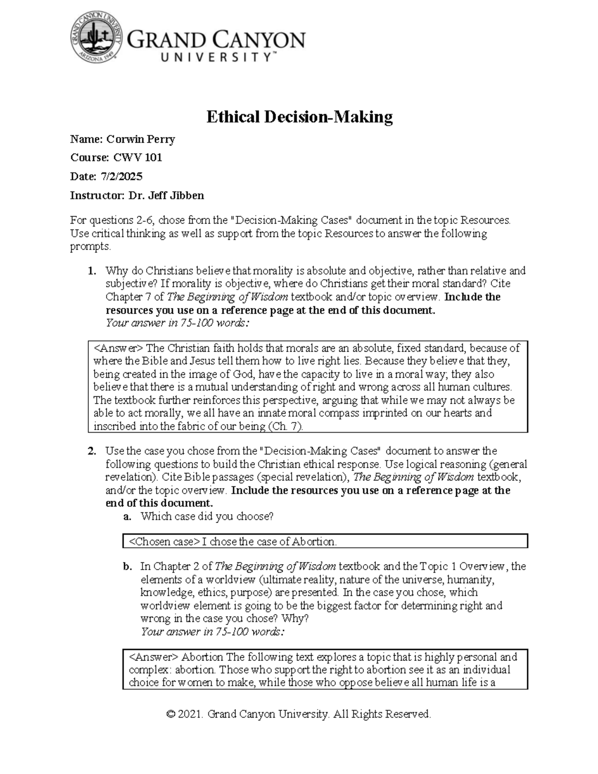 CWV 101 Final Exam: Christian Ethics on Abortion and Morality - Studocu