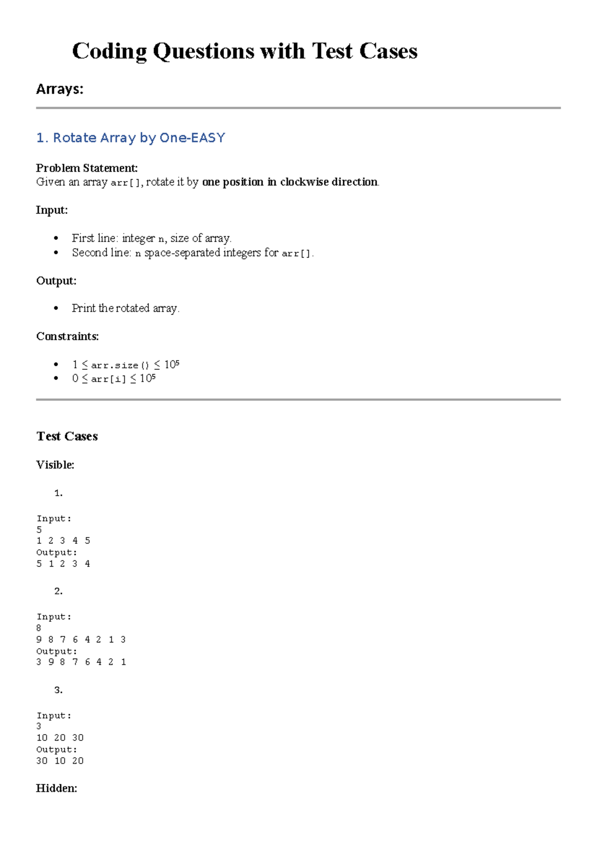 Cognizant Coding Questions: Array Problems & Test Cases - Studocu
