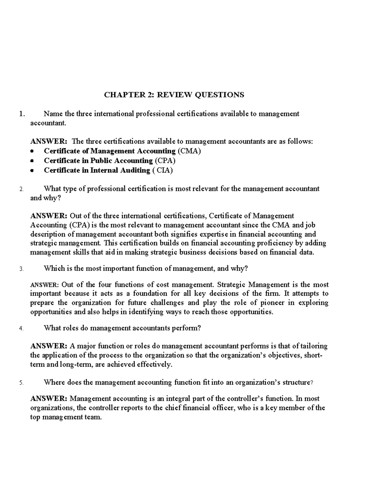 Chapter 2: Management Accounting Review Questions and Answers - Studocu