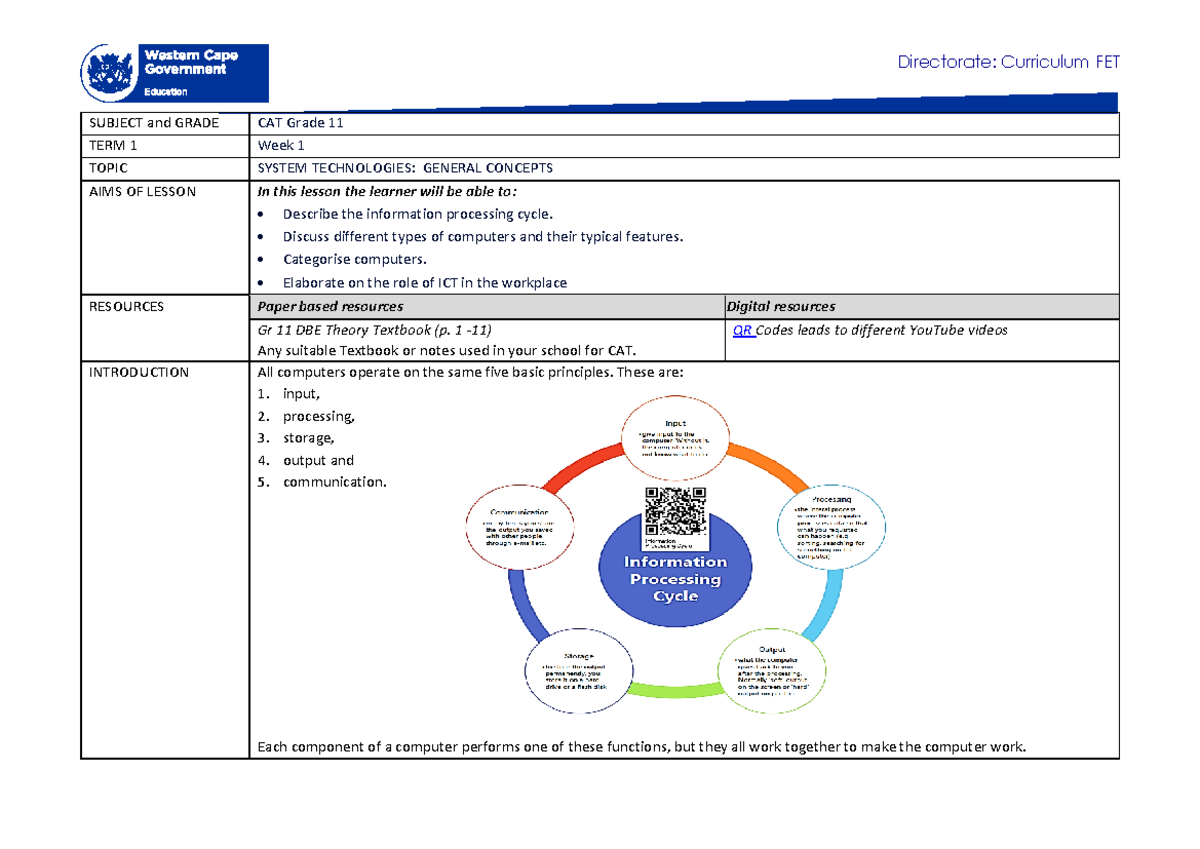 CAT Grade 11 T1 W1 2021 - Notes - SUBJECT and GRADE CAT Grade 11 TERM 1 ...