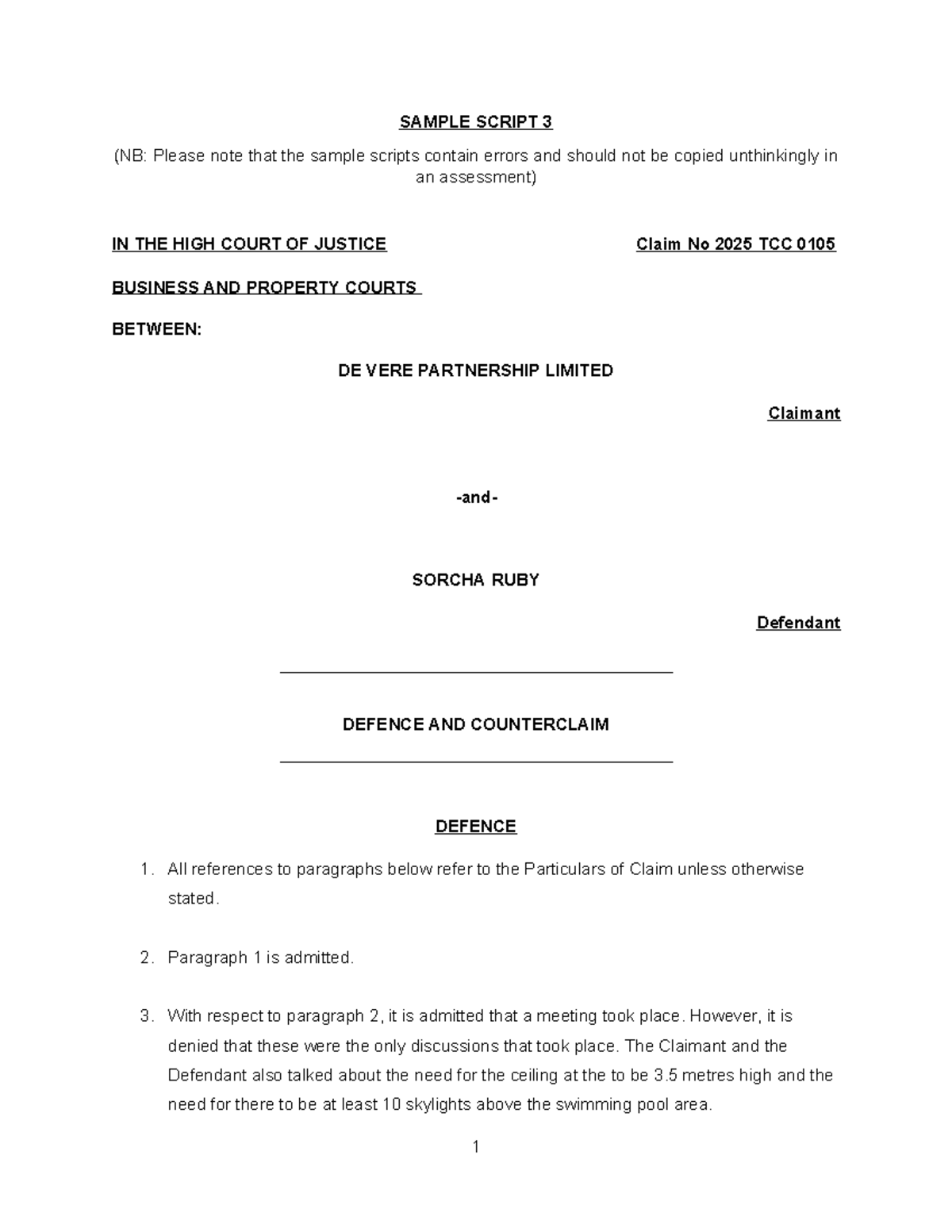 W5 De Vere Sample Script 3: Defence and Counterclaim Analysis - Studocu