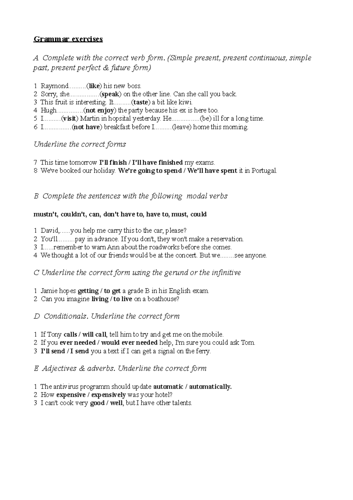 Grammar Exercises: Complete Verb Forms & Modal Verbs (A1-A2) - Studocu