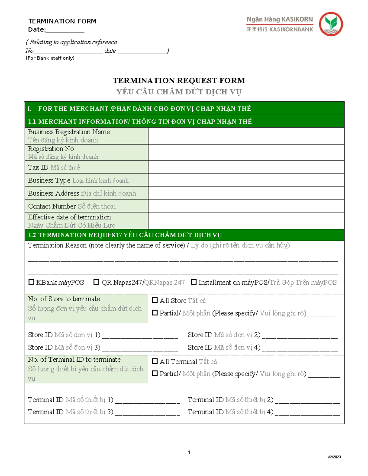 VN801 Merchant Termination Request Form for KBank Services - Studocu