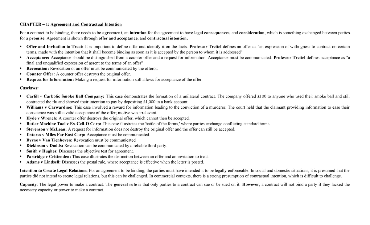 Contract notes Unit 1 - 3 - CHAPTER – 1: Agreement and Contractual ...