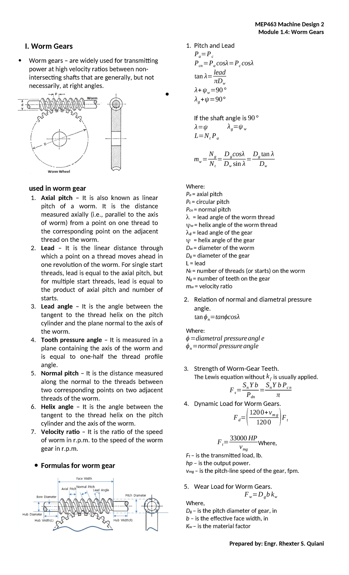 MEP463 Machine Design 2: Worm Gears - Module 1.4 Overview - Studocu