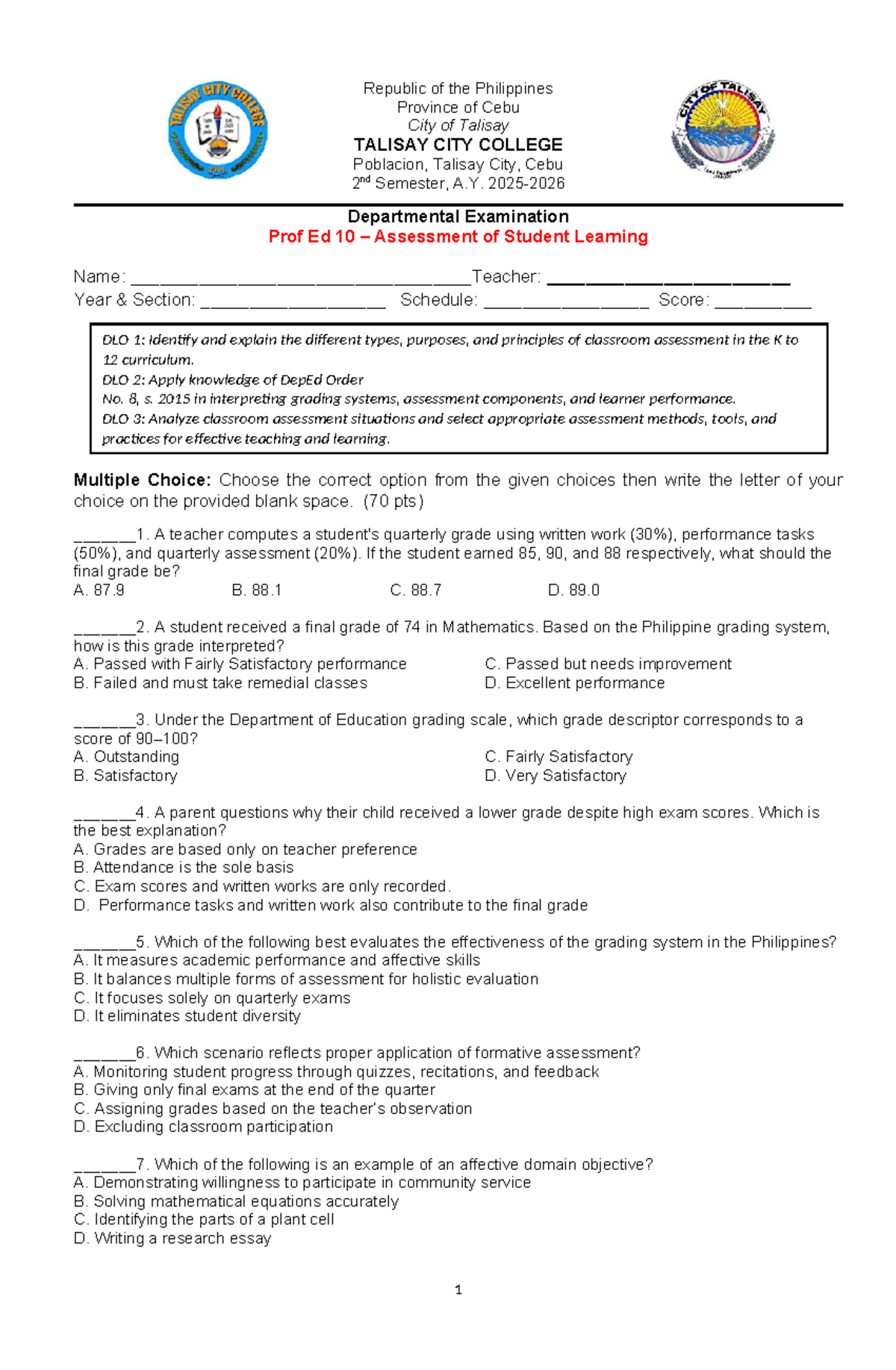 PROF ED 10 Departmental Exam: Classroom Assessment Insights - Studocu