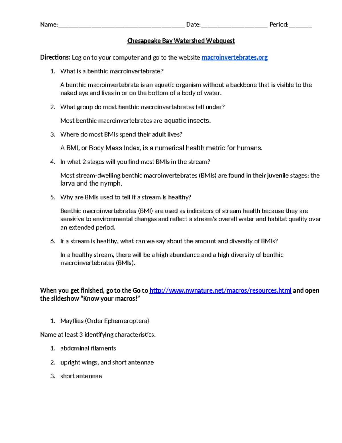 Benthic Macroinvertebrates Lab: Chesapeake Bay Watershed Exploration ...