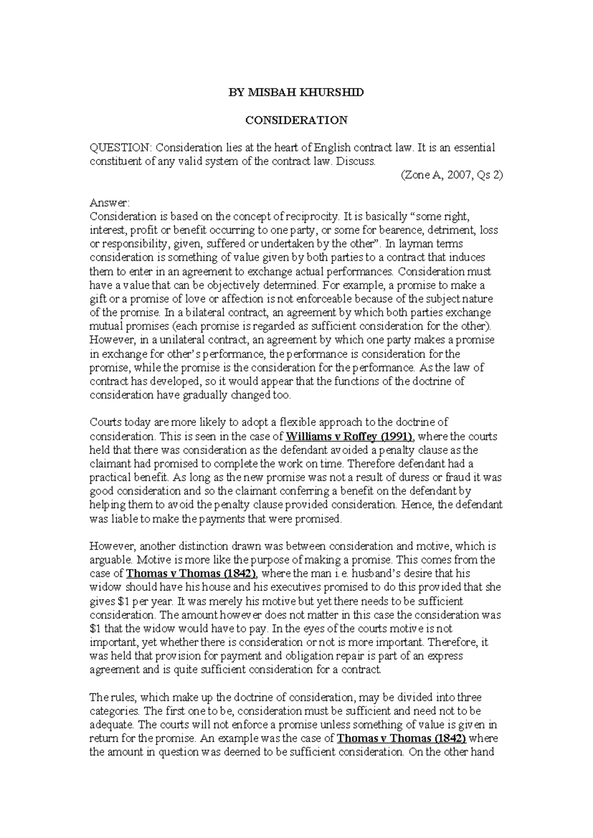 MISBAH KHURSHID: Consideration in English Contract Law (Zone A, 2007 ...