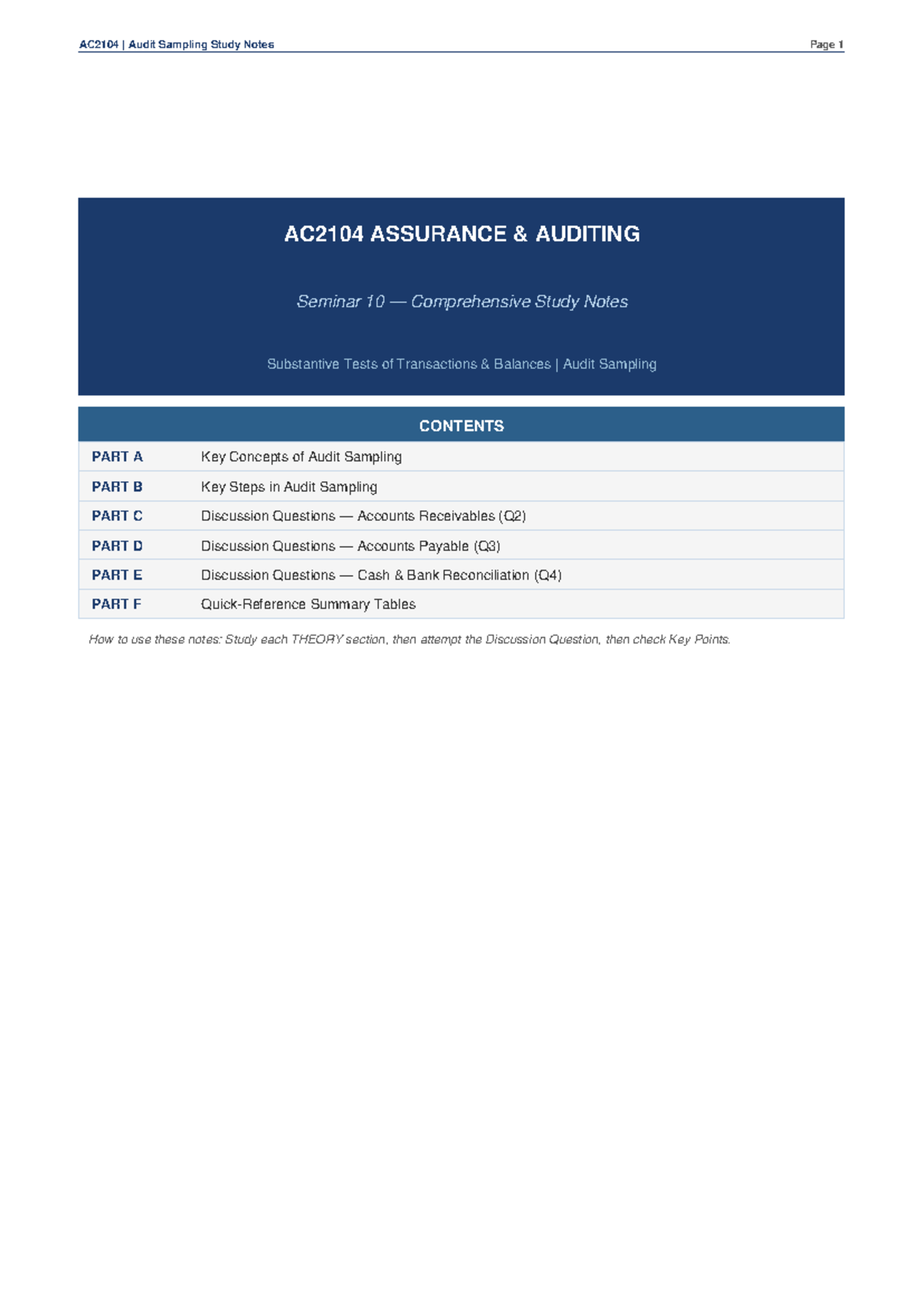 AC2104 Seminar 10 Study Notes: Comprehensive Guide to Audit Sampling ...