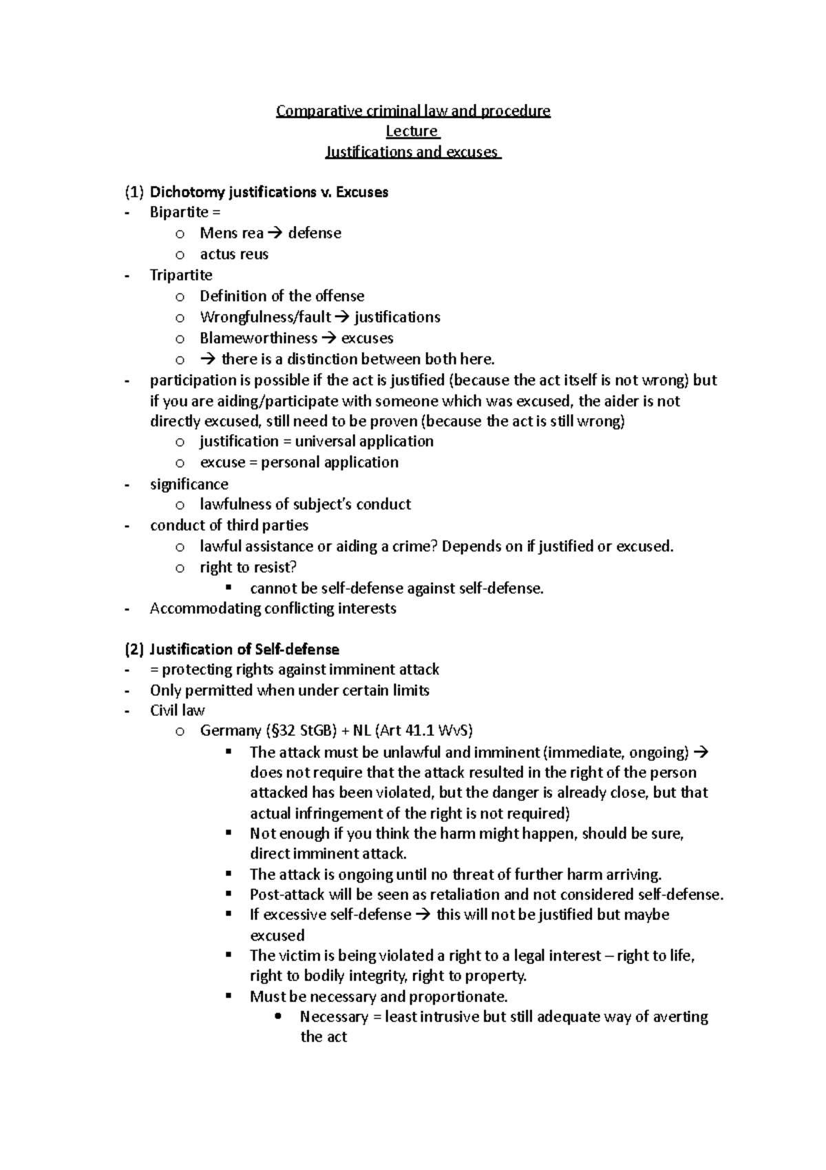 Lecture 4 - Justifications vs. Excuses in Criminal Law - Studeersnel