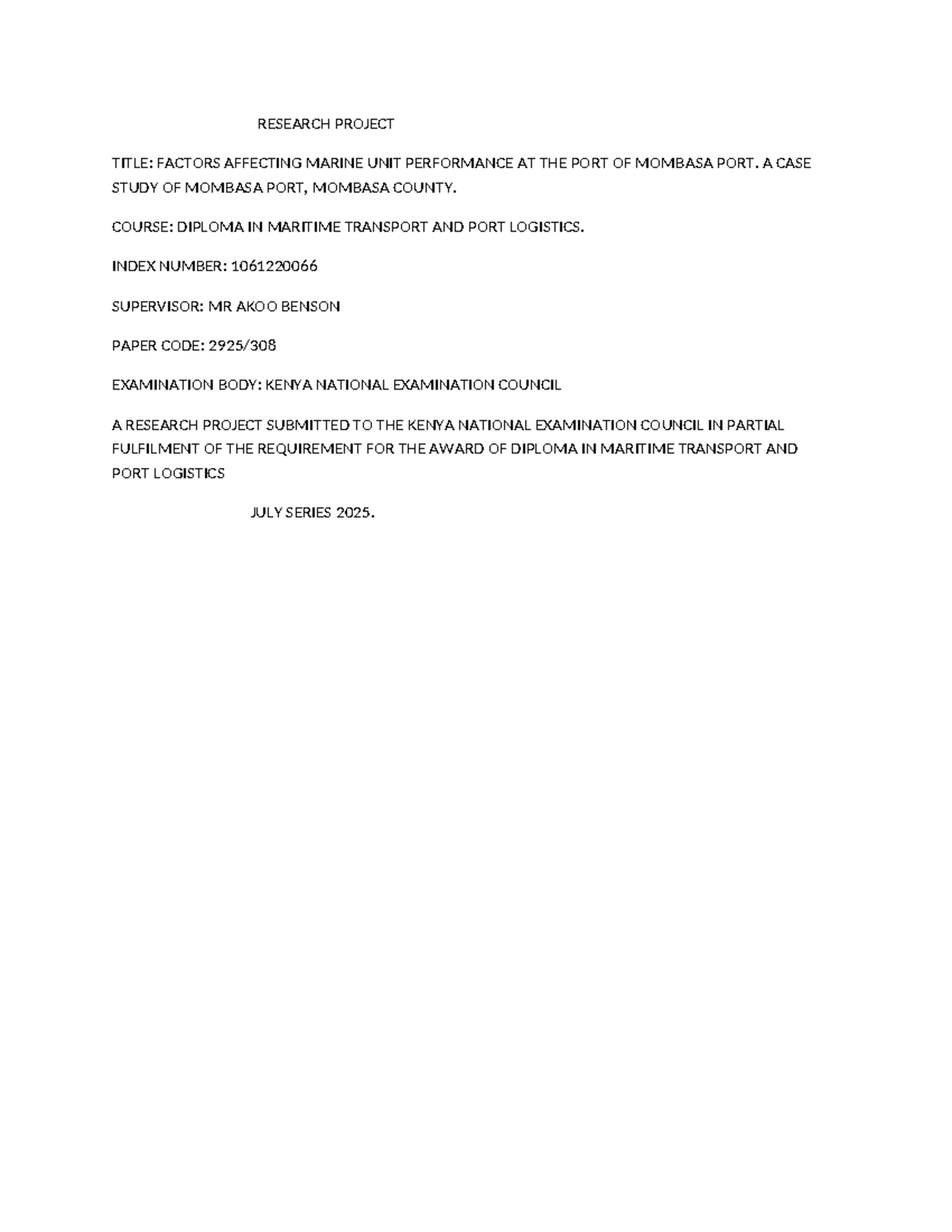 Factors Influencing Marine Unit Performance at Mombasa Port: A Case ...