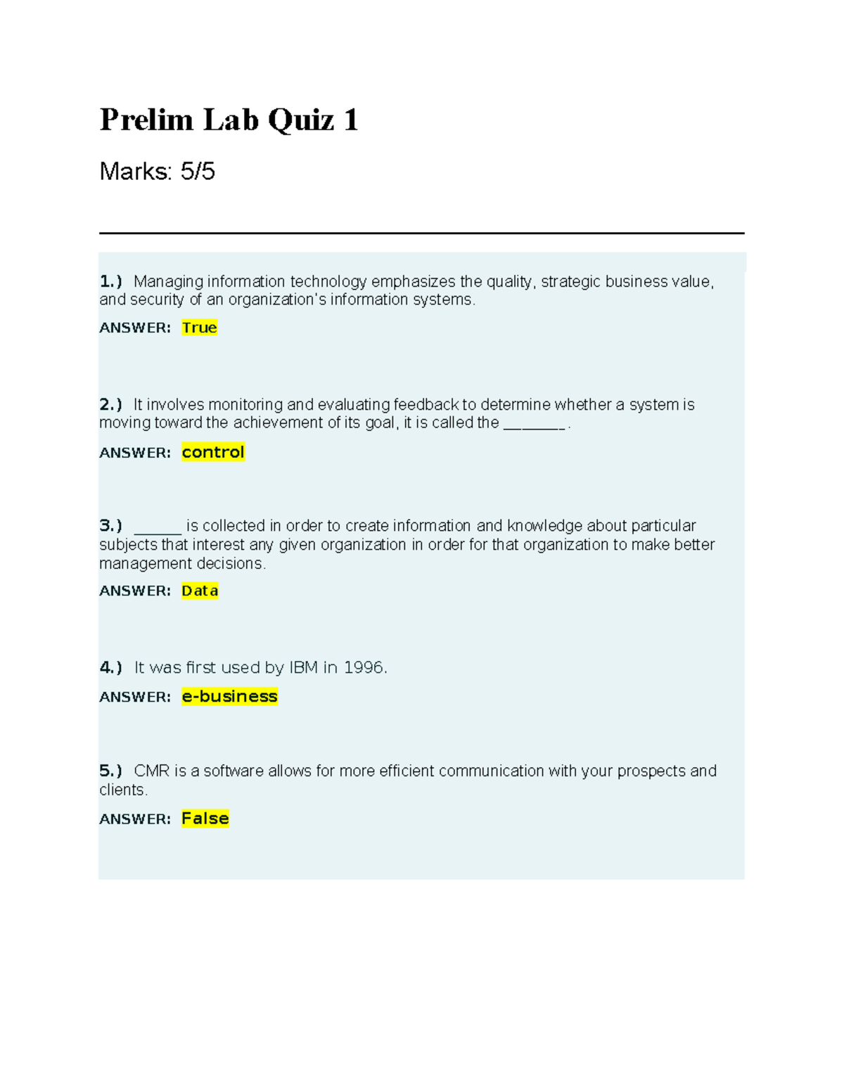 Prelim Lab Quiz 1 - Good Luck :) - Prelim Lab Quiz 1 Marks: 5/ 1 ...