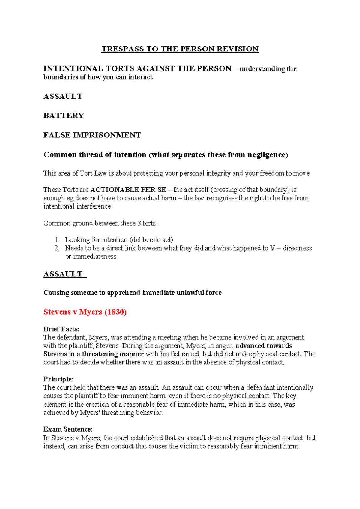 Trespass to the Person Revision: Intentional Torts Overview (LAW 101 ...
