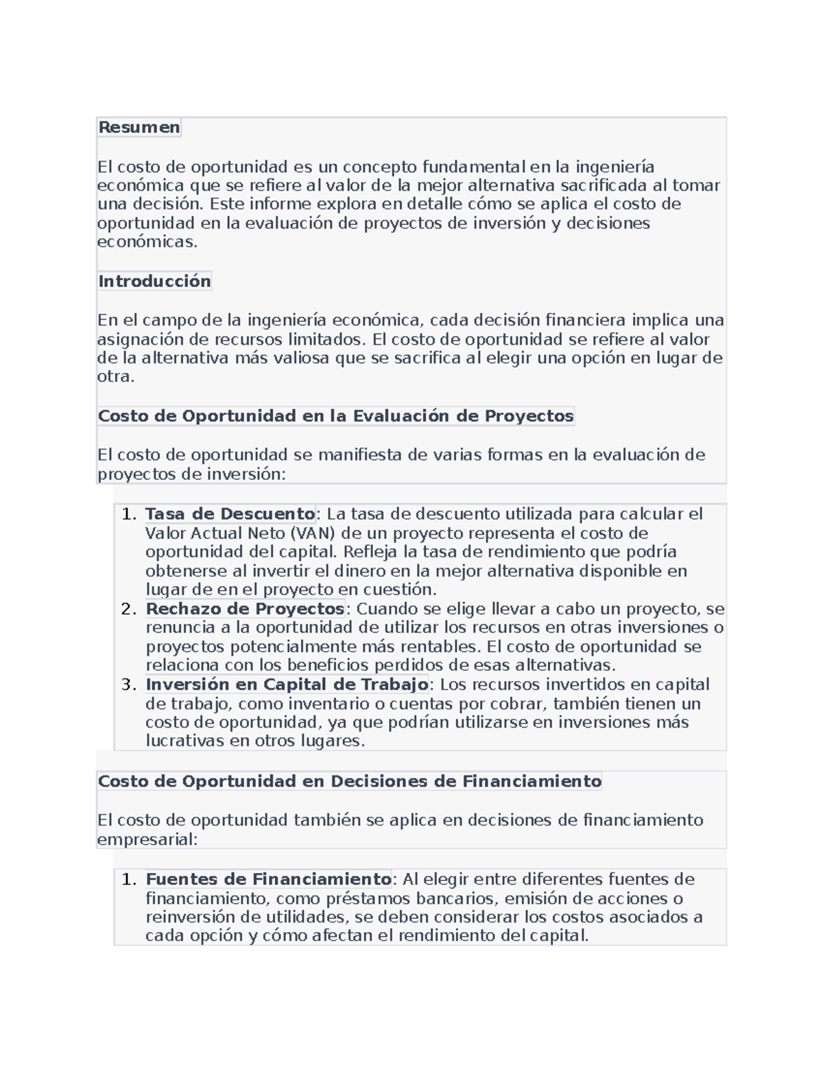 Costo de Oportunidad en la Ingeniería Económica - Resumen El costo de ...