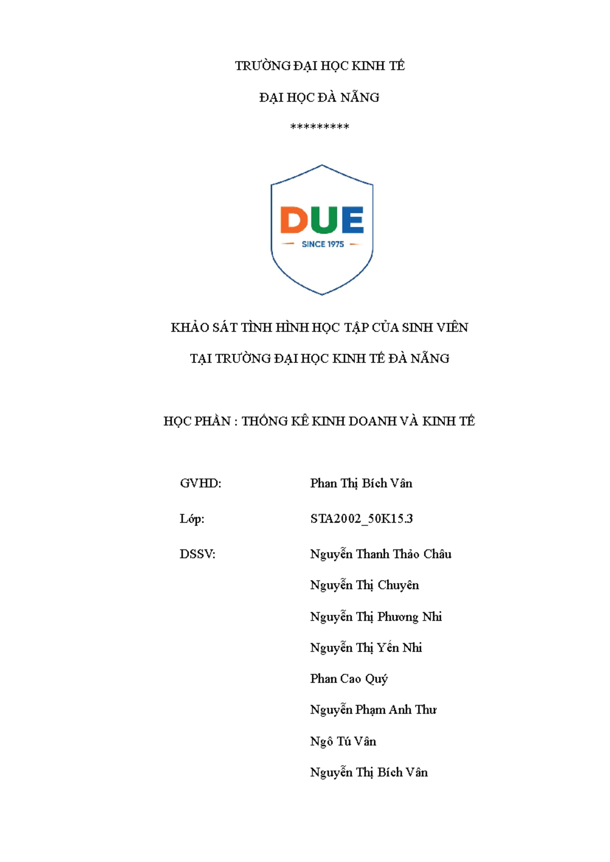 Khảo Sát Tình Hình Học Tập Sinh Viên STA2002 - Thống Kê Kinh Doanh ...