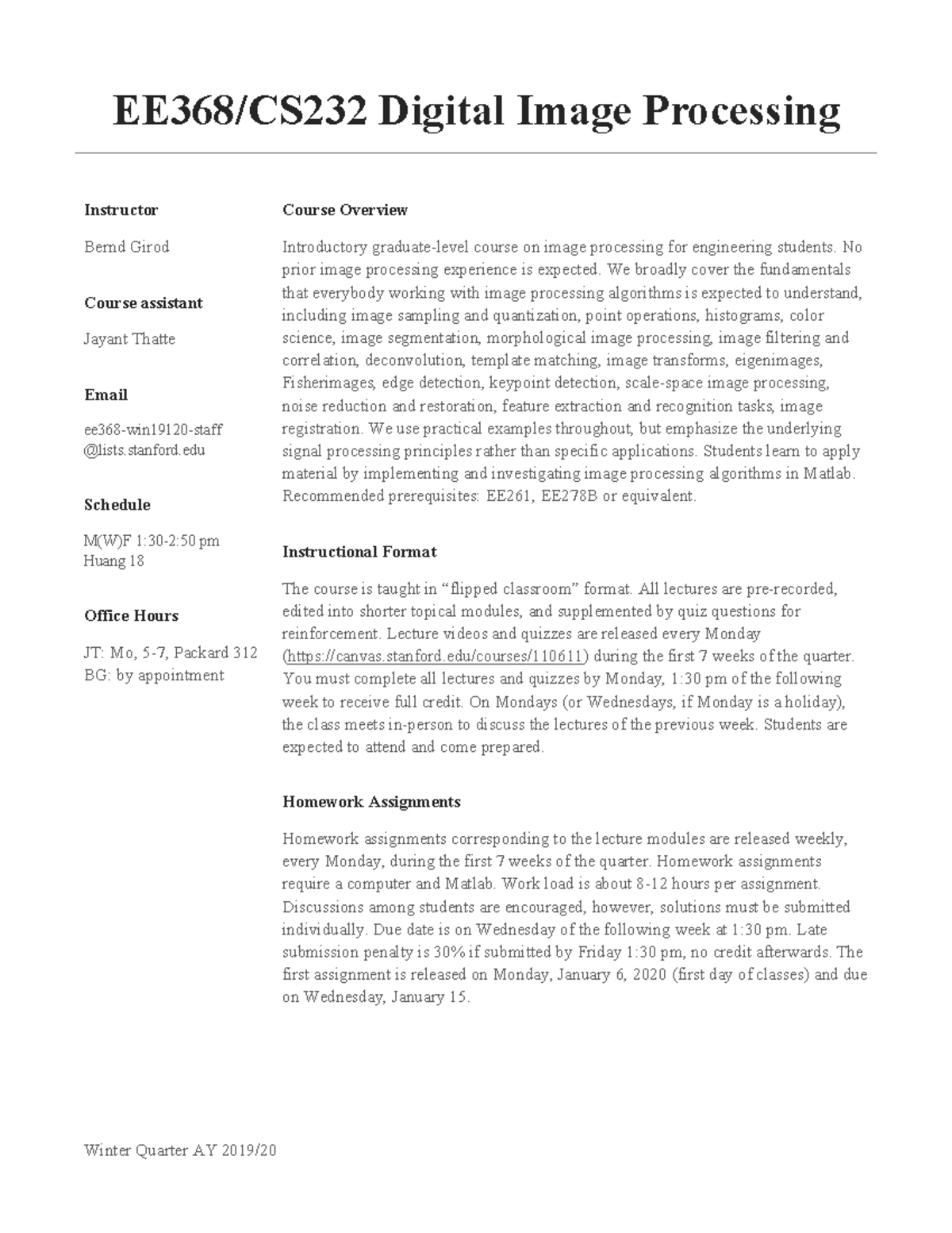 EE368 Syllabus - Digital Image Processing Course Overview and Details ...
