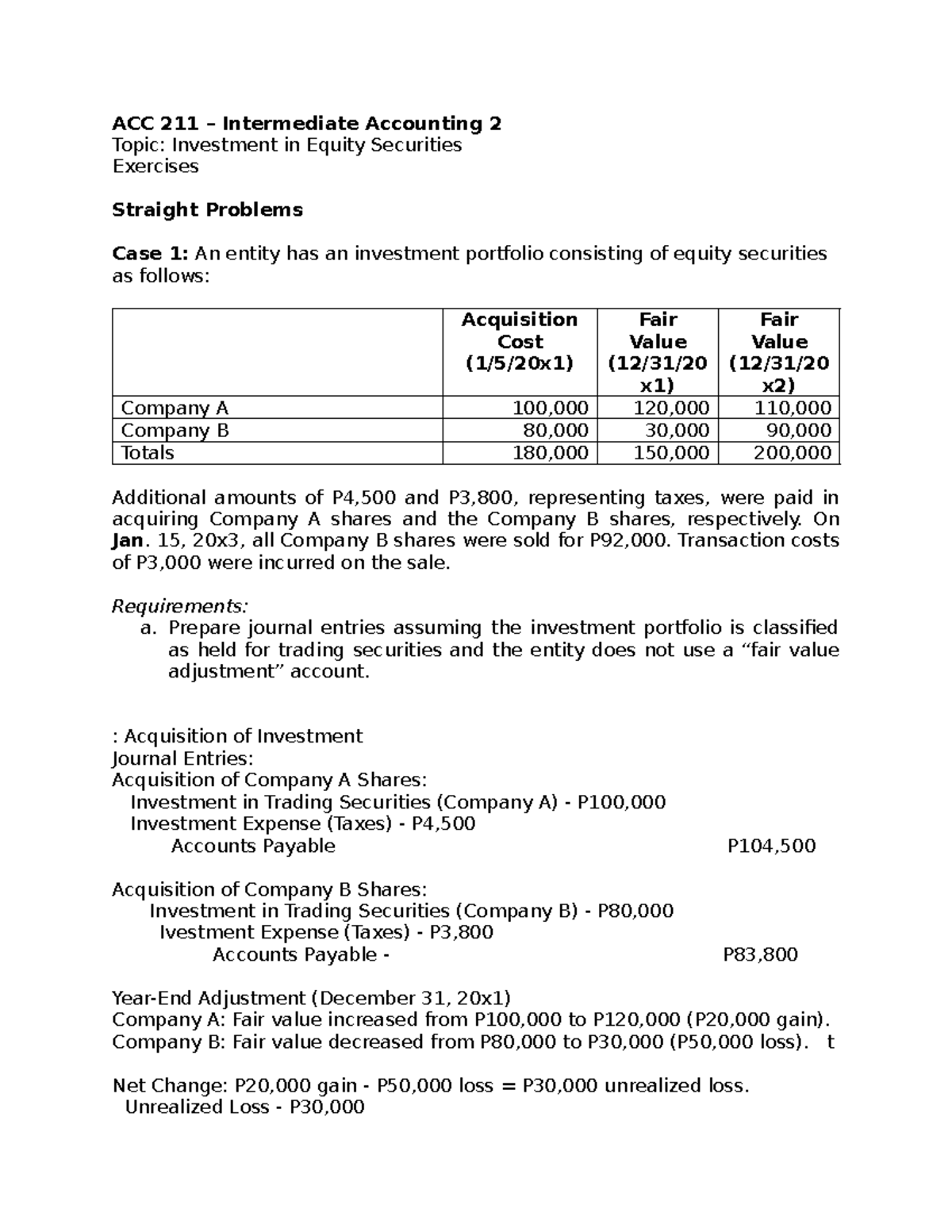 ACC 211 Intermediate Accounting 2: Equity Securities Investment ...
