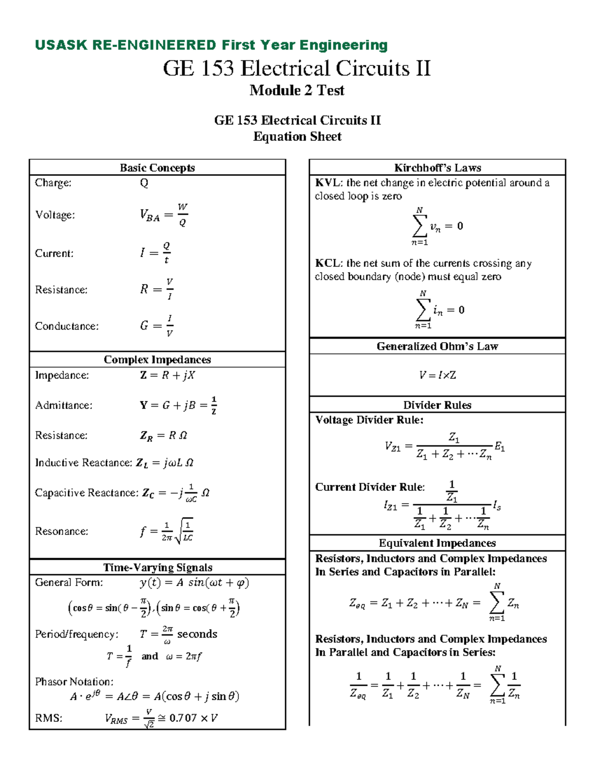 GE153 Electrical Circuits II Module 2 Test Solutions 2023 - Studocu