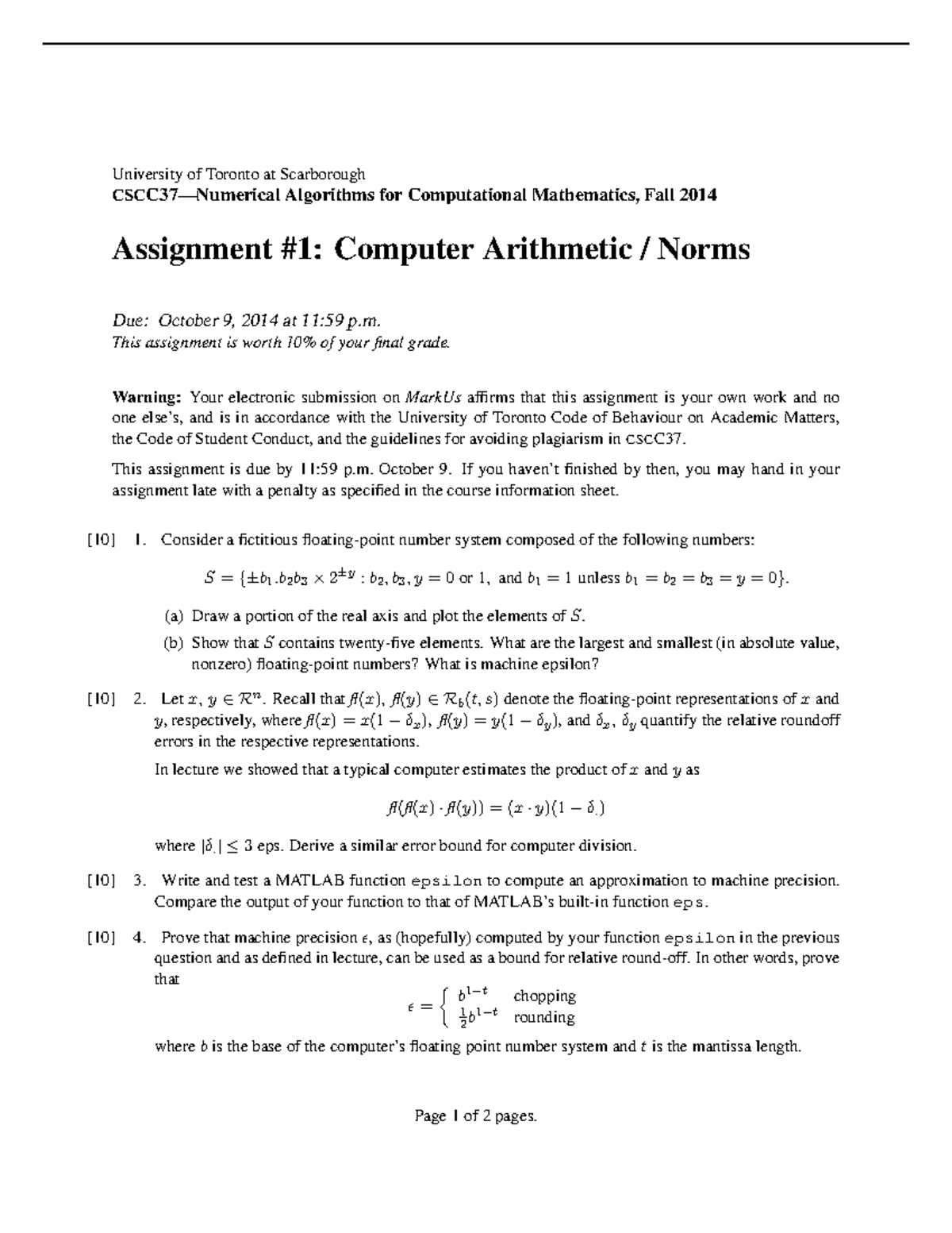 CSCC37 Assignment #1: Computer Arithmetic & Norms Insights - Studocu