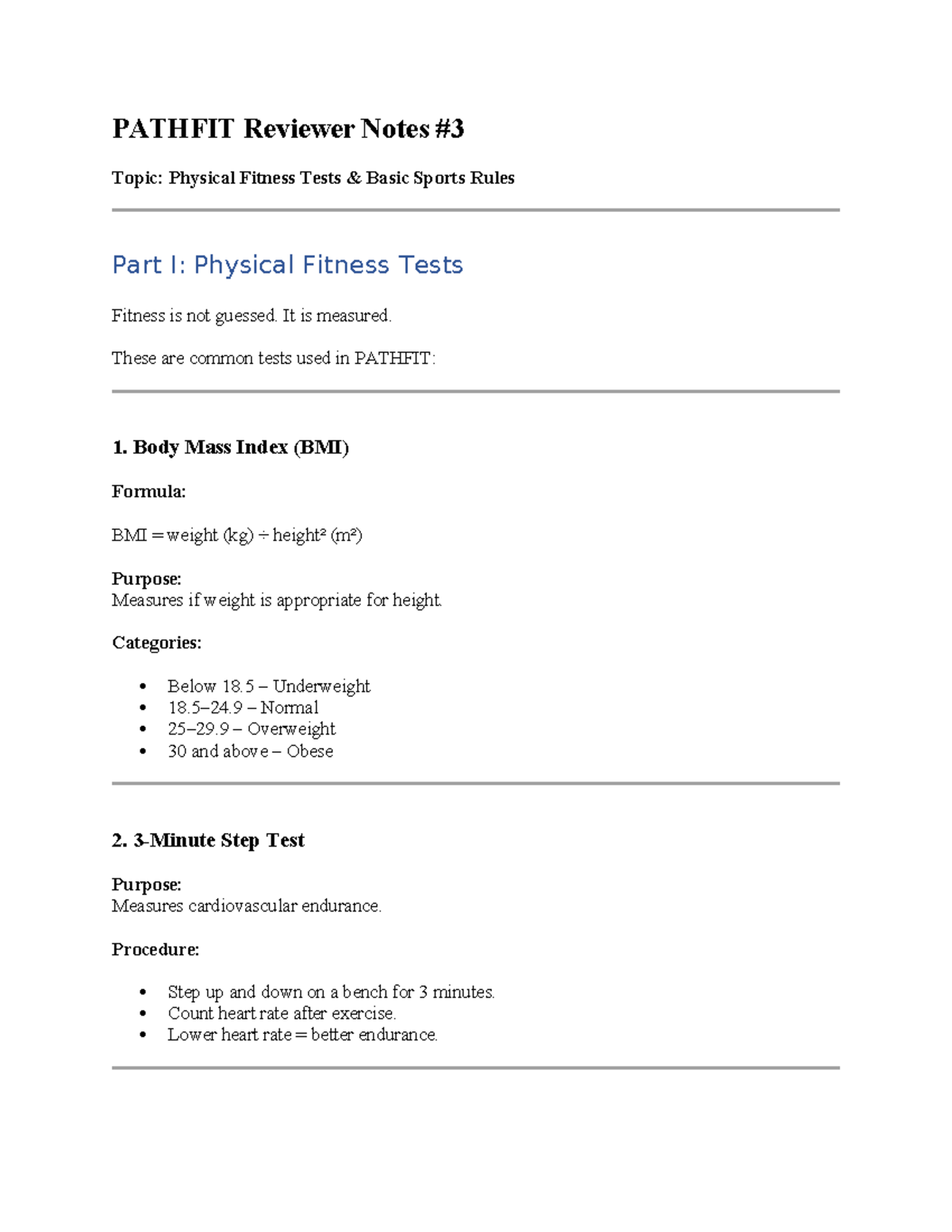 PATHFIT Reviewer Notes: Physical Fitness Tests & Sports Rules - Studocu