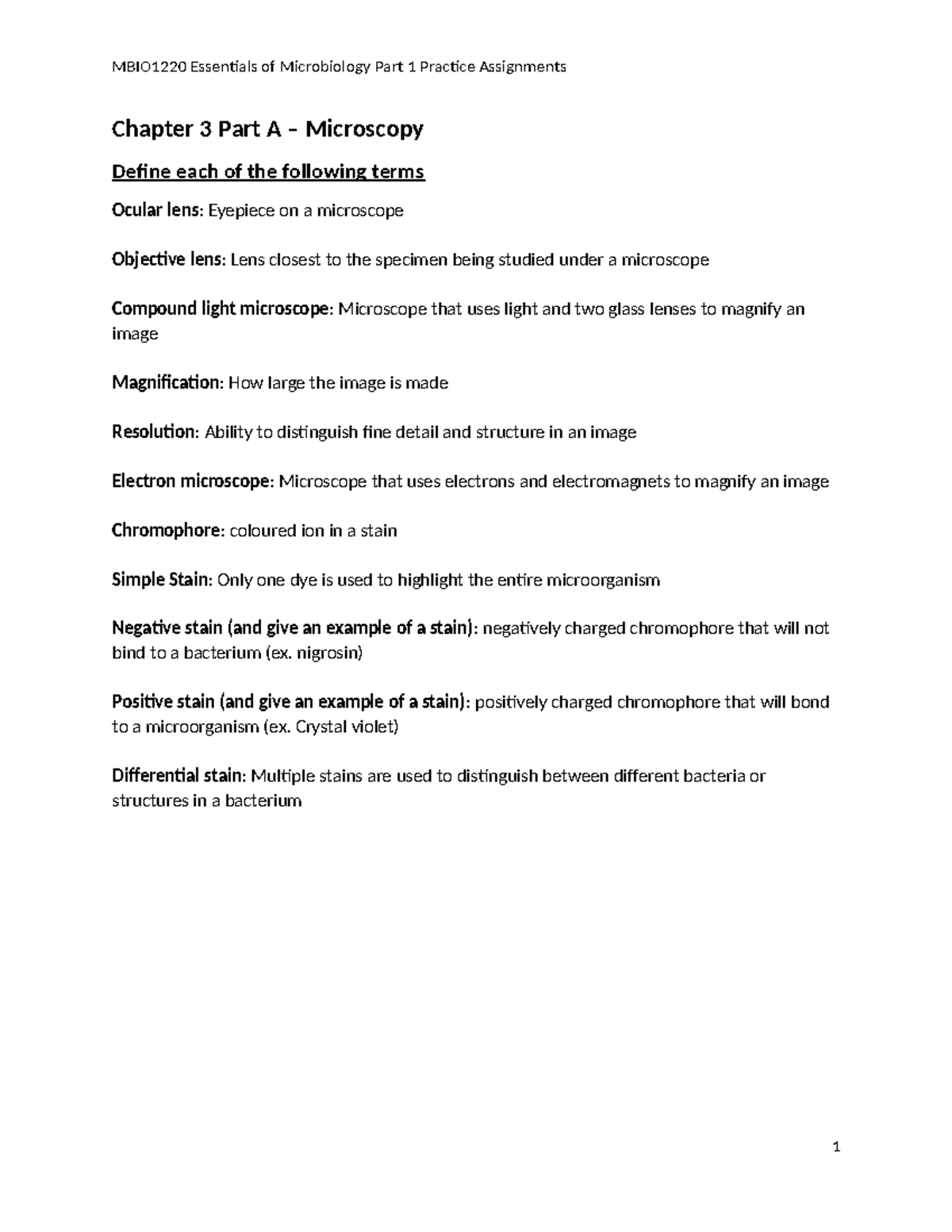 MBIO1220 Essentials of Microbiology Part 1 Chapter 3 Microscopy Answers ...