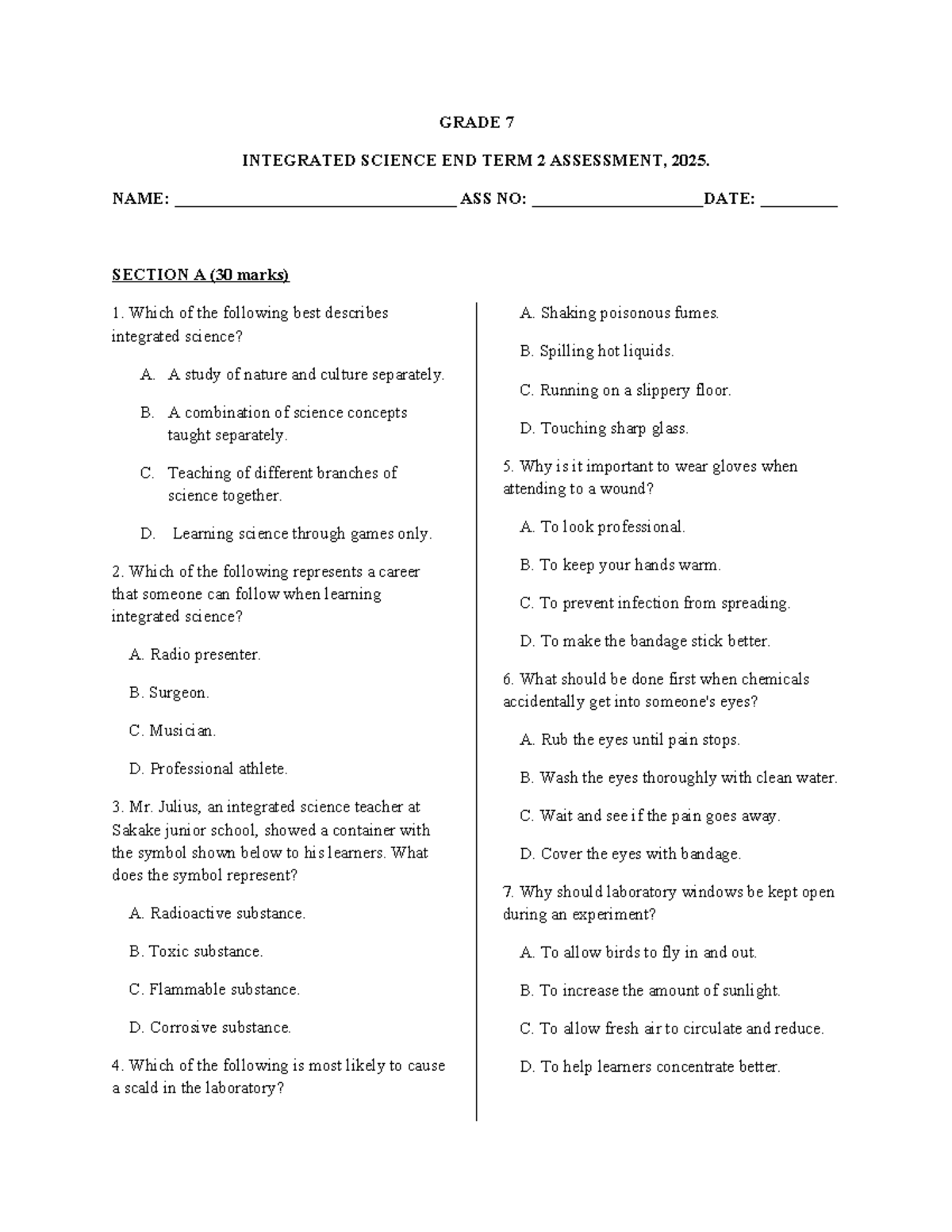 GRADE 7 INTEGRATED SCIENCE END TERM 2 ASSESSMENT PRACTICE 2025 - Studocu