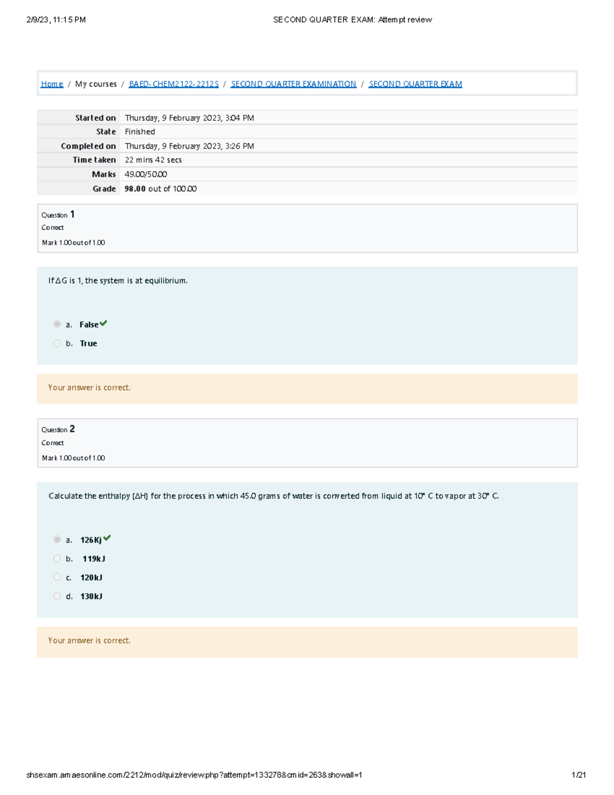 Chem 2122 - Second Quarter Exam Answer Key - Studocu