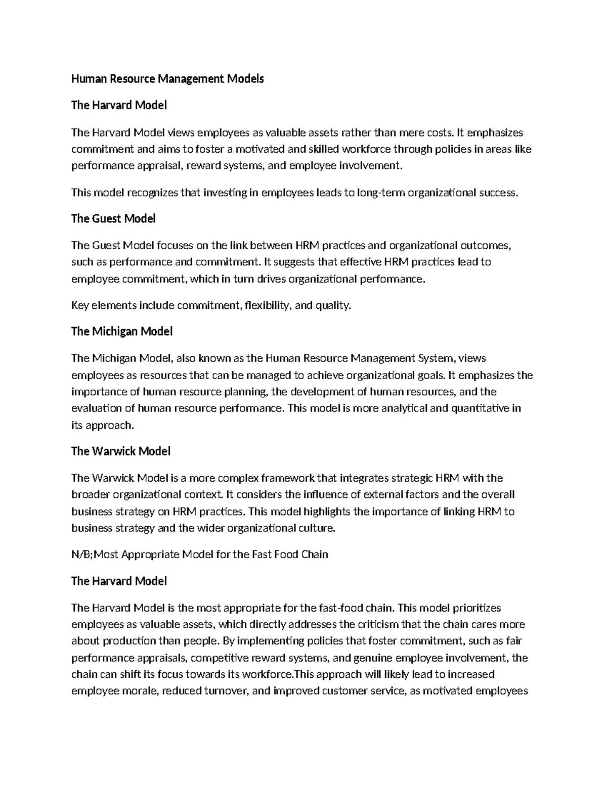 Human Resource Management Models: Insights and Applications - Studocu