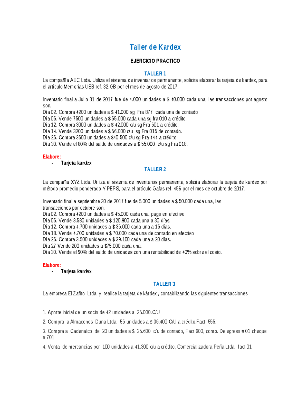 KARDEx Exercise for Inventory Management (TALLER 1, 2, 3) - Studocu