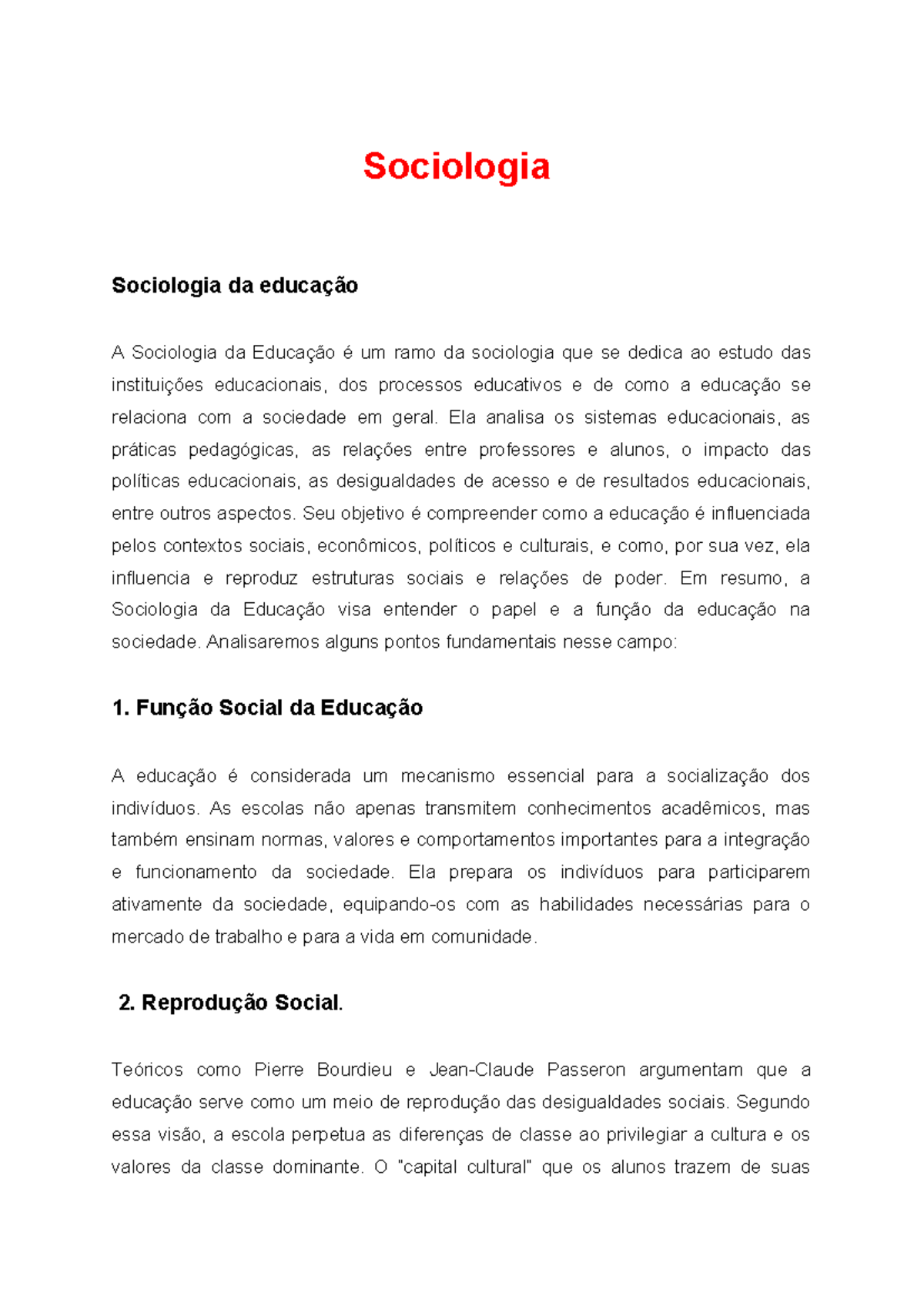 Sociologia da Educação: Análise e Impactos Sociais - Studocu
