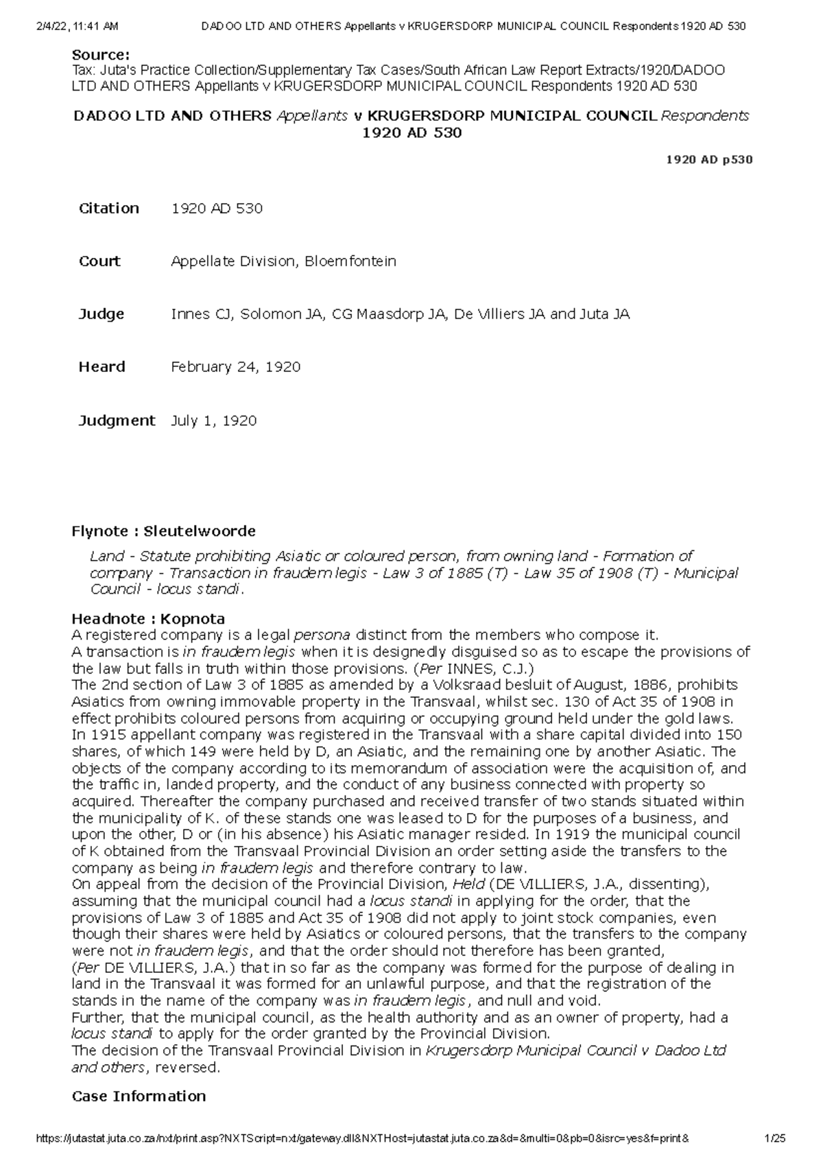 Dadoo Ltd v Krugersdorp Municipal Council: 1920 AD 530 Case Analysis ...