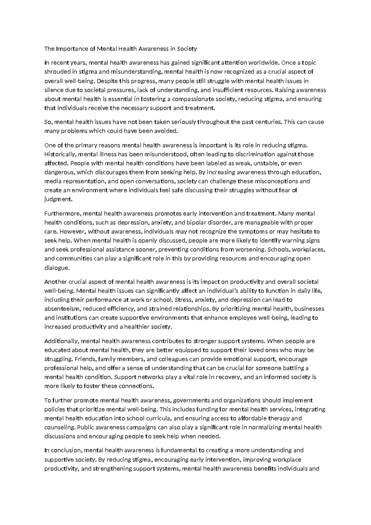 Essay: The Importance of Mental Health Awareness in Society - Studocu