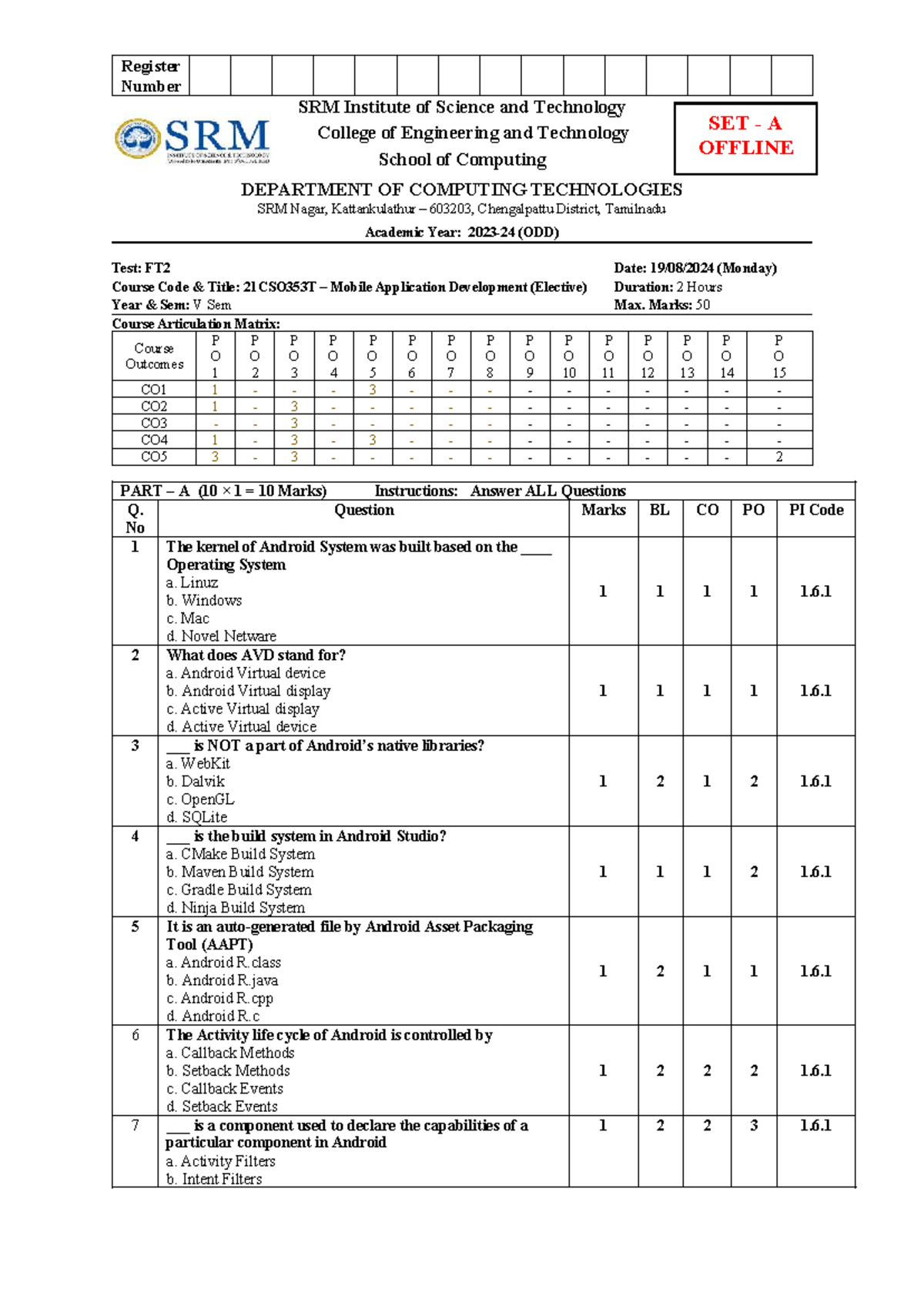 FT2 21CSO353T Mobile App Development Quiz Paper SET A - Studocu