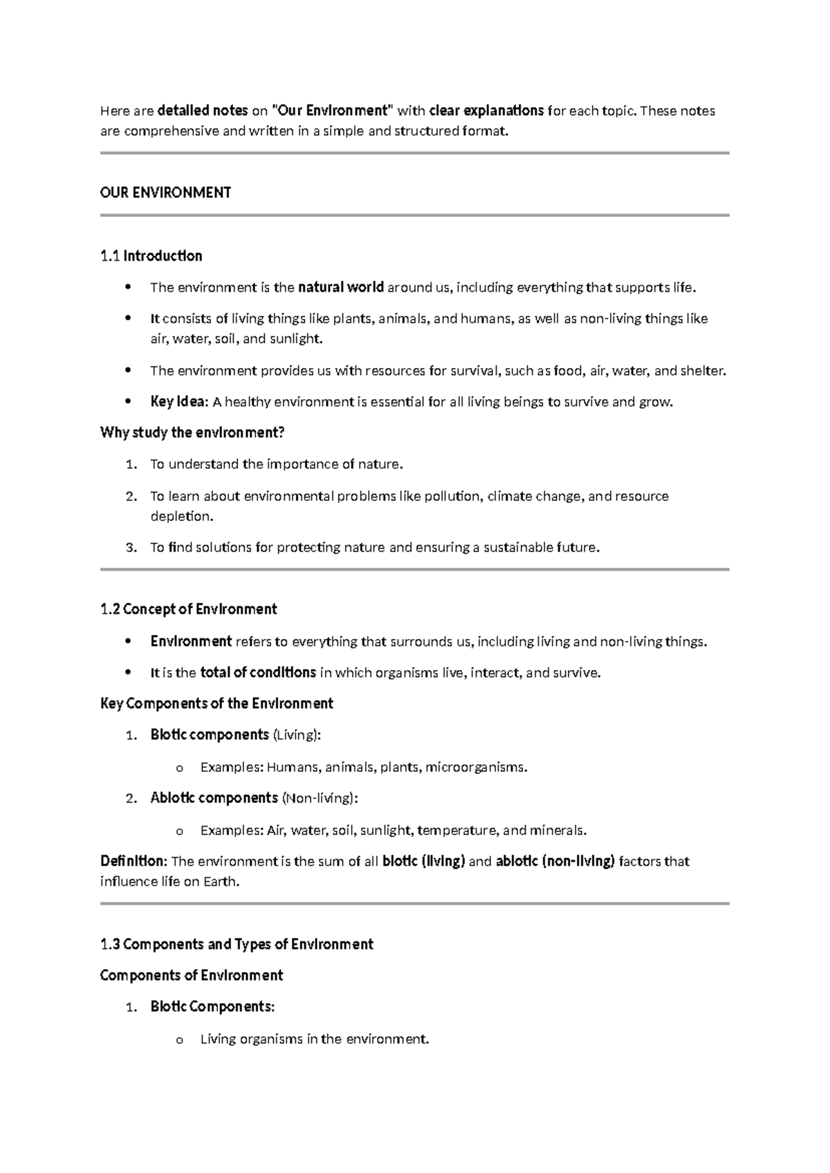 Ch1 EVS Short Notes - Sem 1: Understanding Our Environment - Studocu