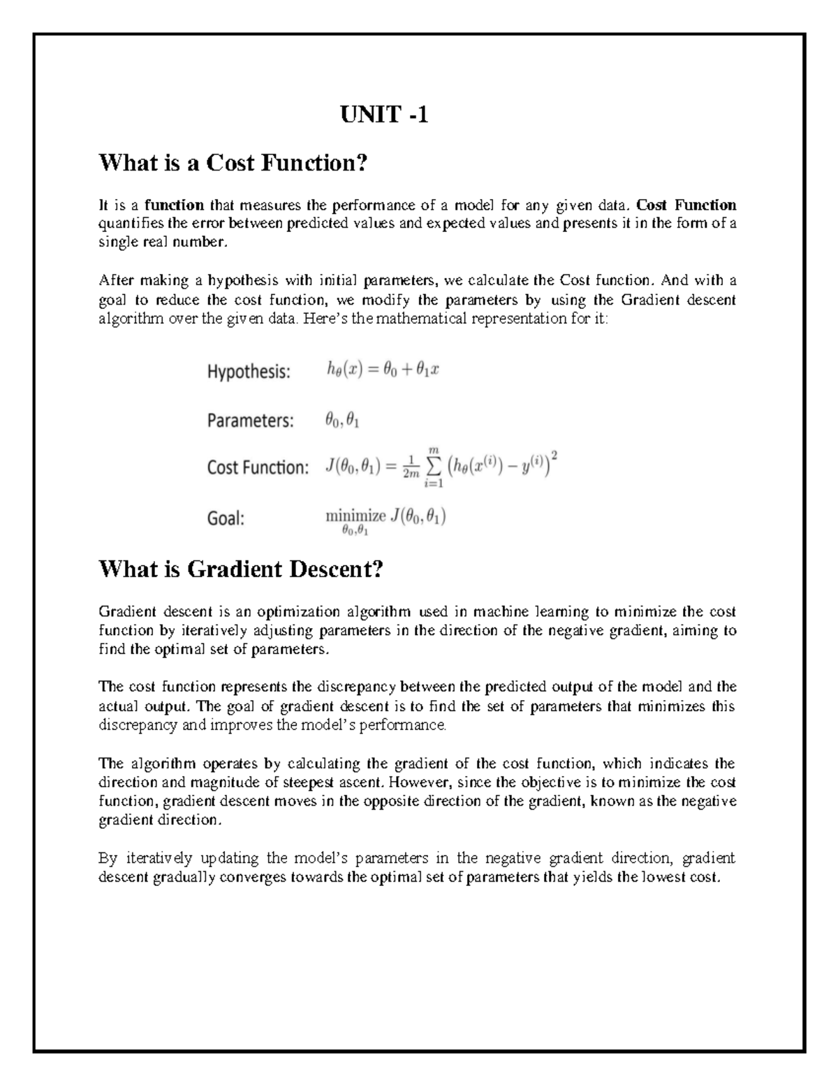 CCS355 Unit I - Easy to follow - UNIT - 1 What is a Cost Function? It ...