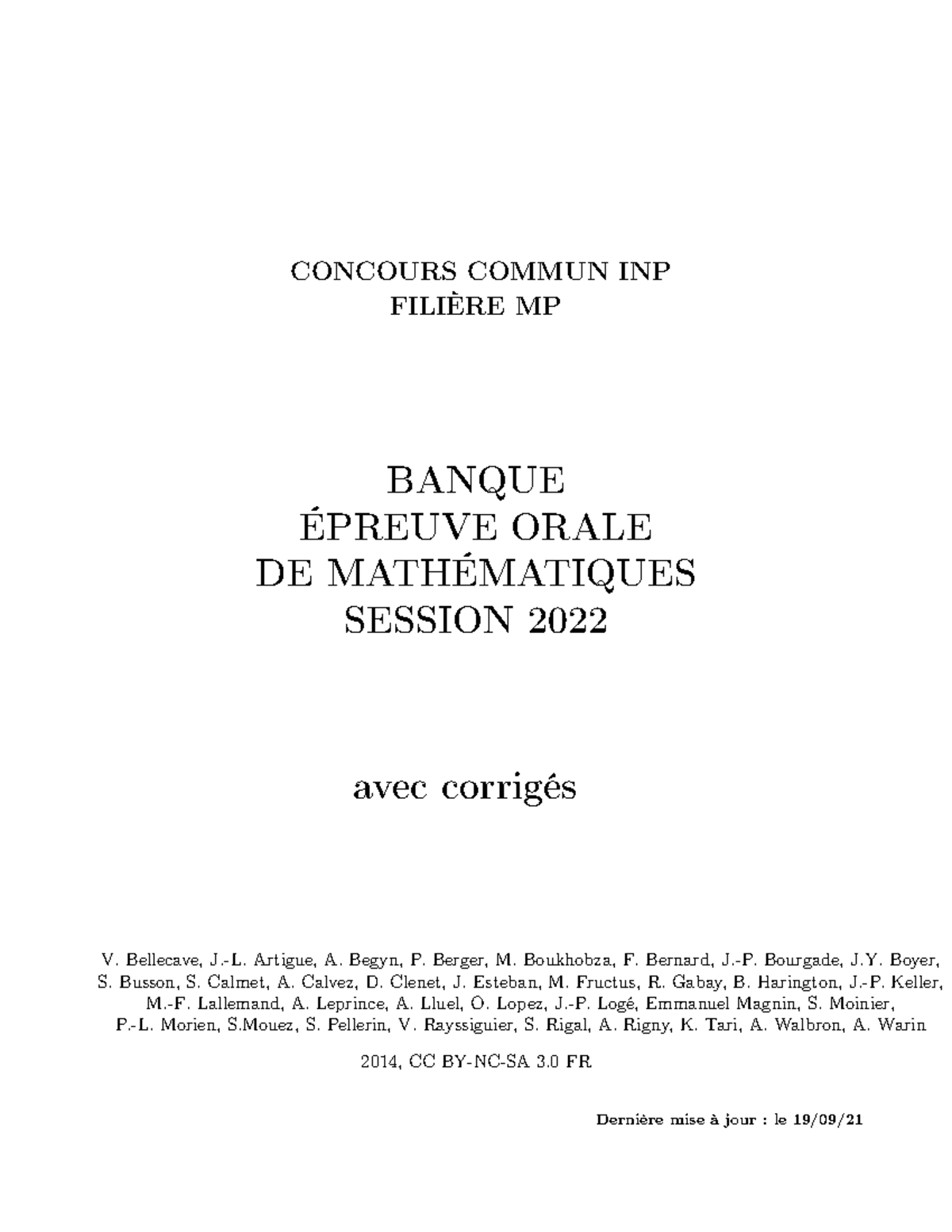 Banque d'exercices oraux de maths CCINP MP 2022 avec corrigés - Studocu