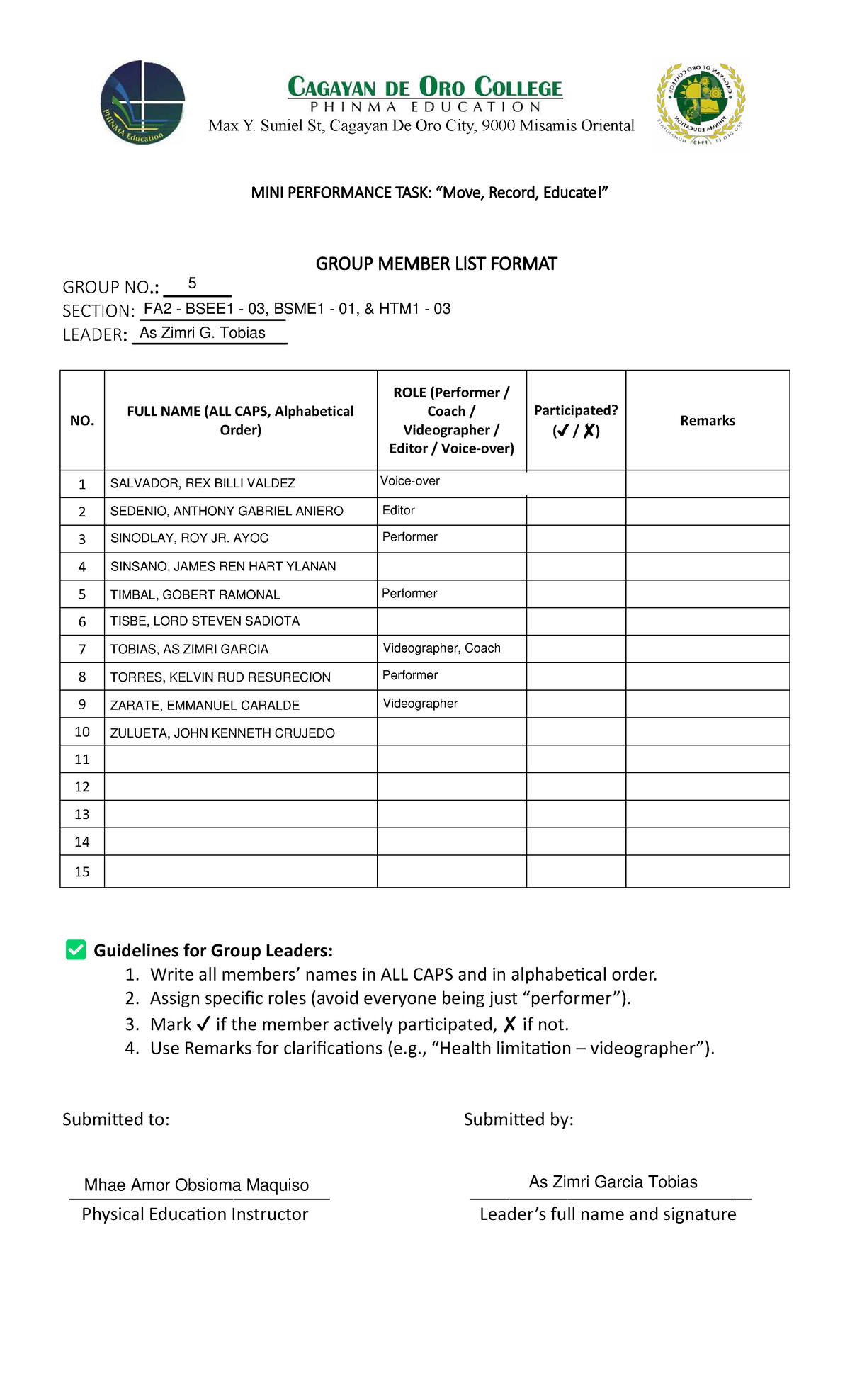 P1 MINI Performance Task Group Member List Format SY 2526 - Studocu