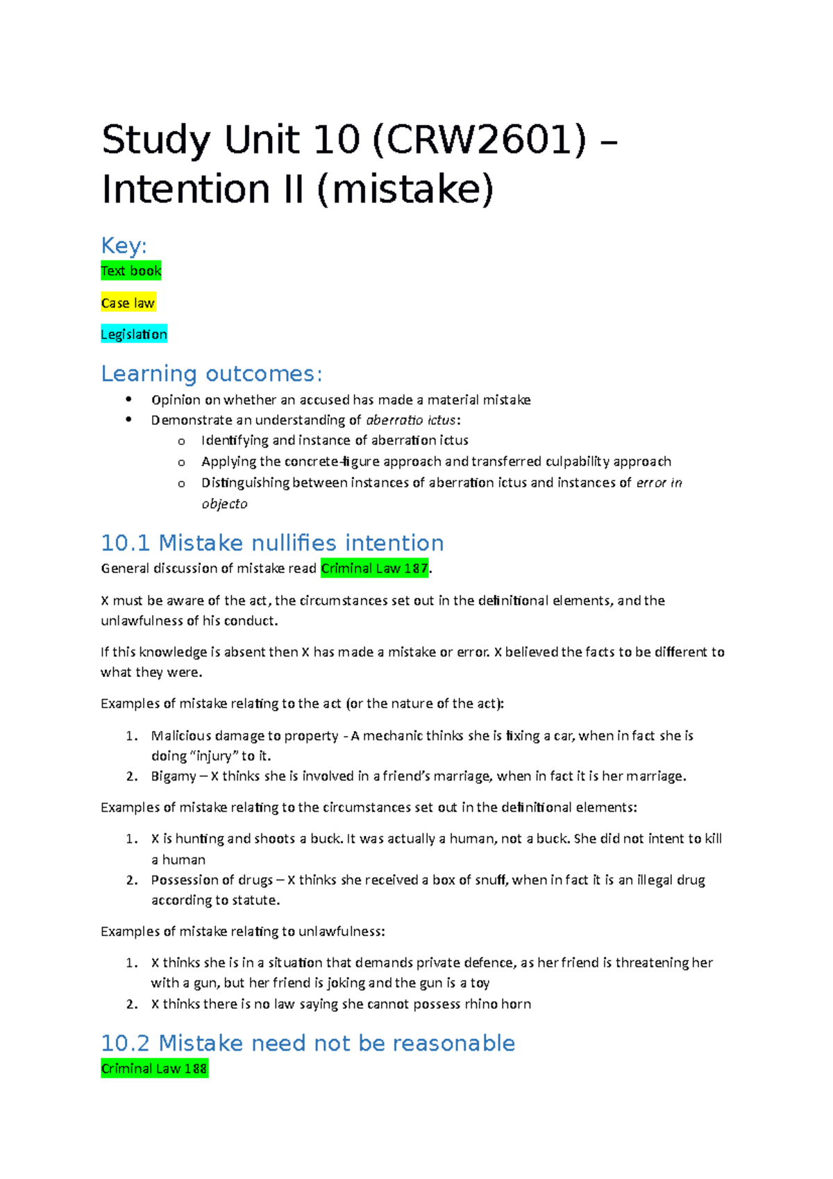 CRW2601 Study Unit 10: Intention II - Understanding Mistakes in Law ...