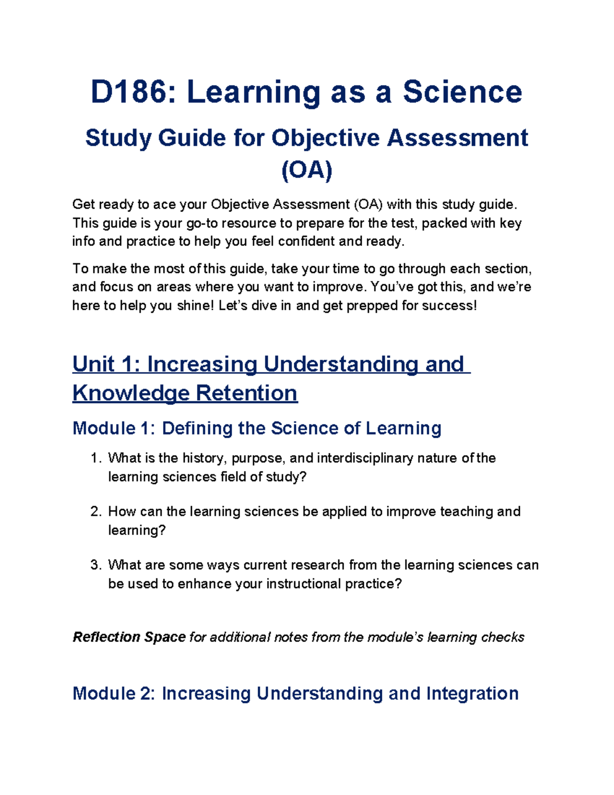 D186: Study Guide for Objective Assessment (OA) in Learning Science ...