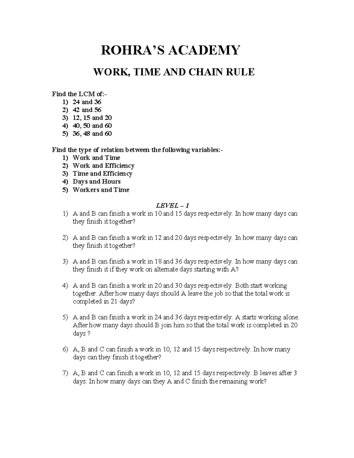 WORK, PIPES & CHAIN RULE: LCM & Efficiency Problems (ACADEMY) - Studocu