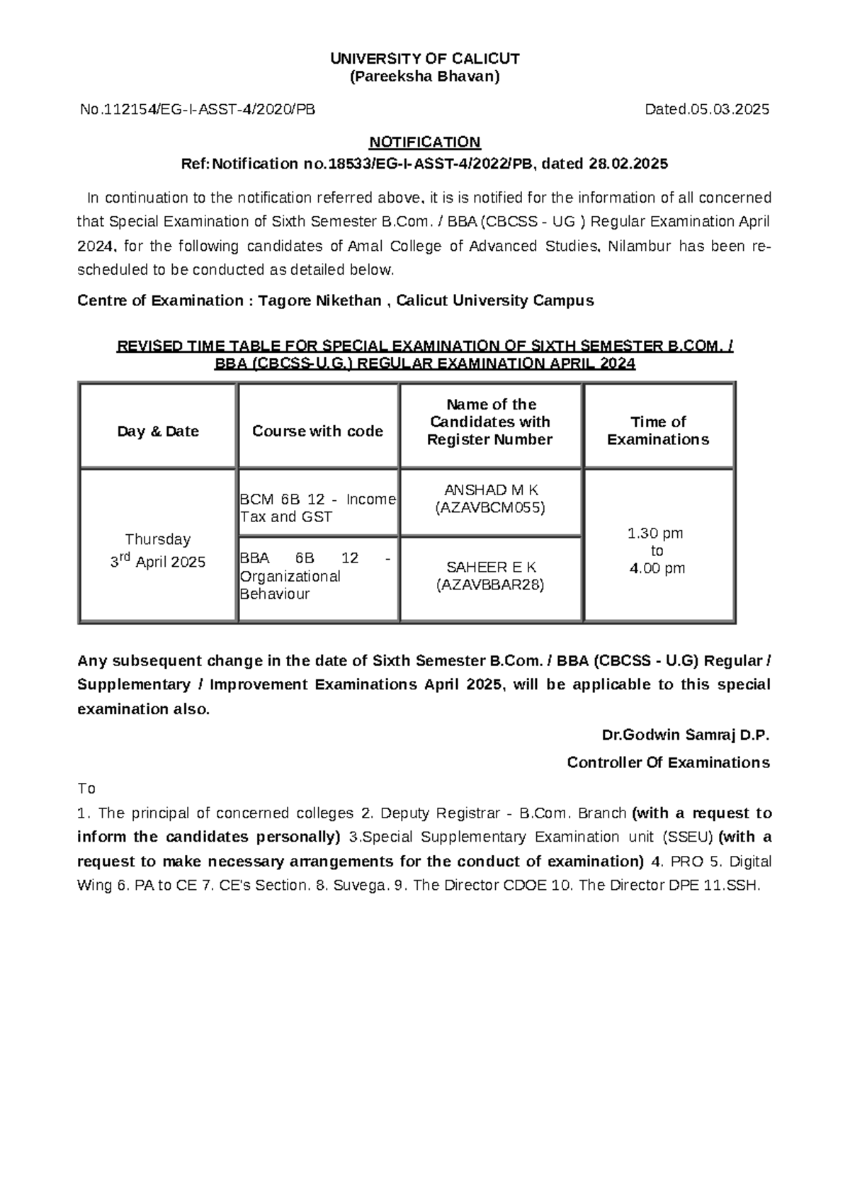Special Exam Notification for 6th Sem B.Com & BBA (CBCSS UG) April 2024 ...