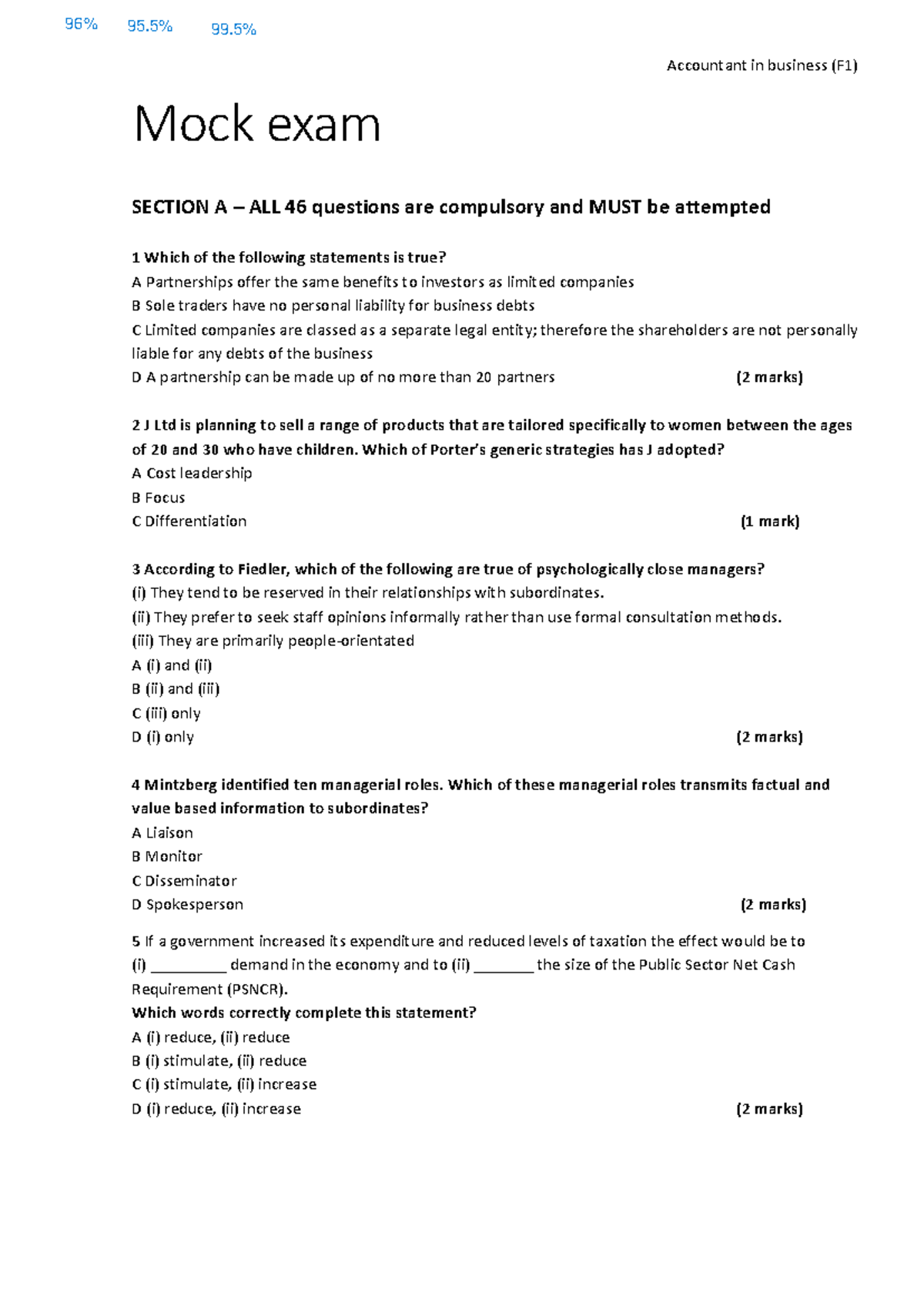 Mock Exam - Business Concepts and Theories Revision for Course CODE 101 ...