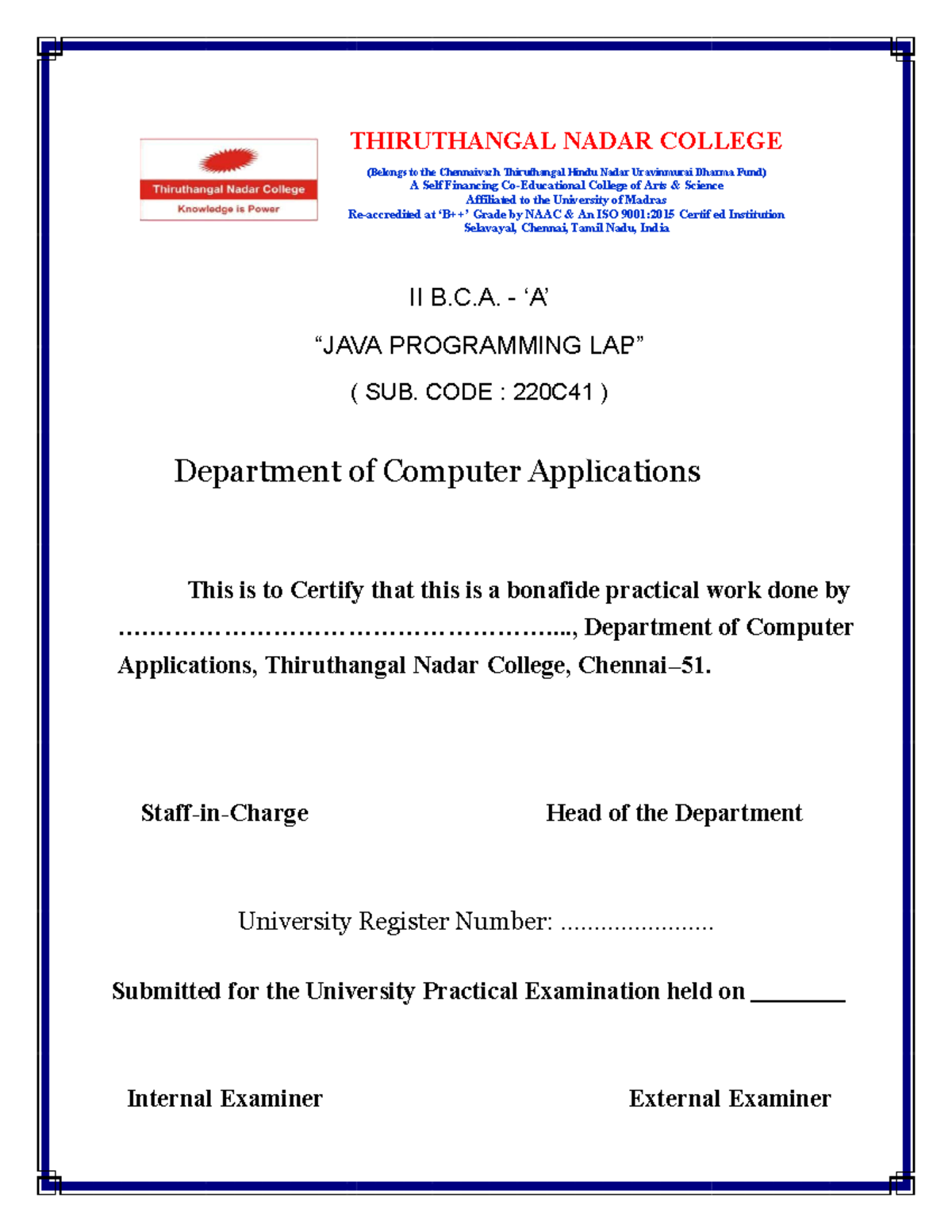 JAVA PROGRAMMING LAB Front PAGE BCA II Year - Ganiwiwk - Studocu