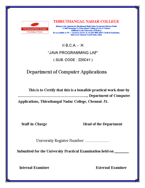 JAVA LAB Front PAGE BCA - Hhsh - Department of “JAVA Name Register ...