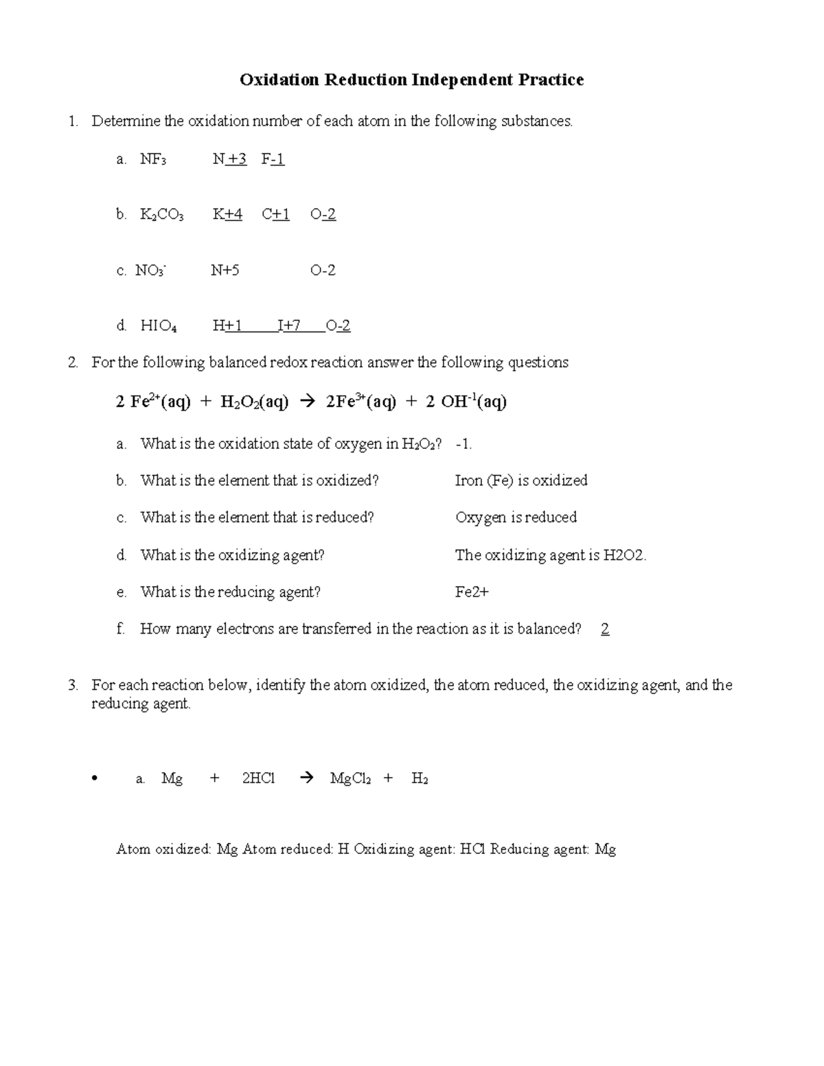 Redox Reactions PIB Independent Practice Exercises and Answers - Studocu