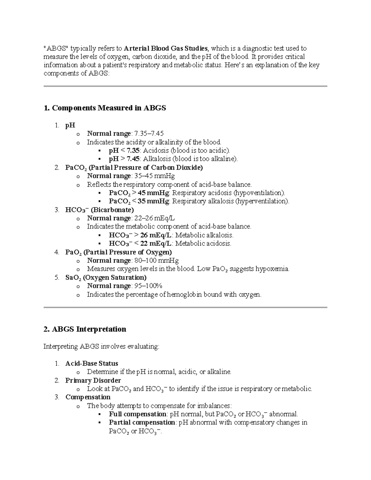 ABGS - Comprehensive Guide to Arterial Blood Gas Interpretation - Studocu